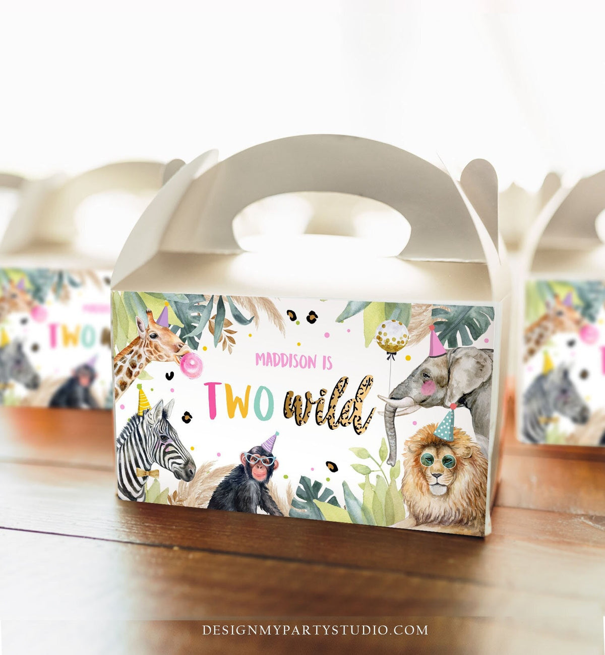 Editable Safari Animals Birthday Gable Gift Box Labels Party Animals Gold Pink Two Wild Birthday Zoo Jungle Girl Download Digital Corjl 0417