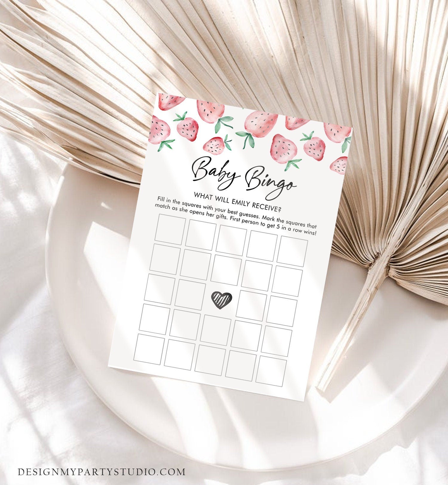 Editable Baby Bingo Game Strawberry Baby Shower Game Baby Coed Sprinkle Strawberries Pink Instant Download Corjl Template Printable 0399