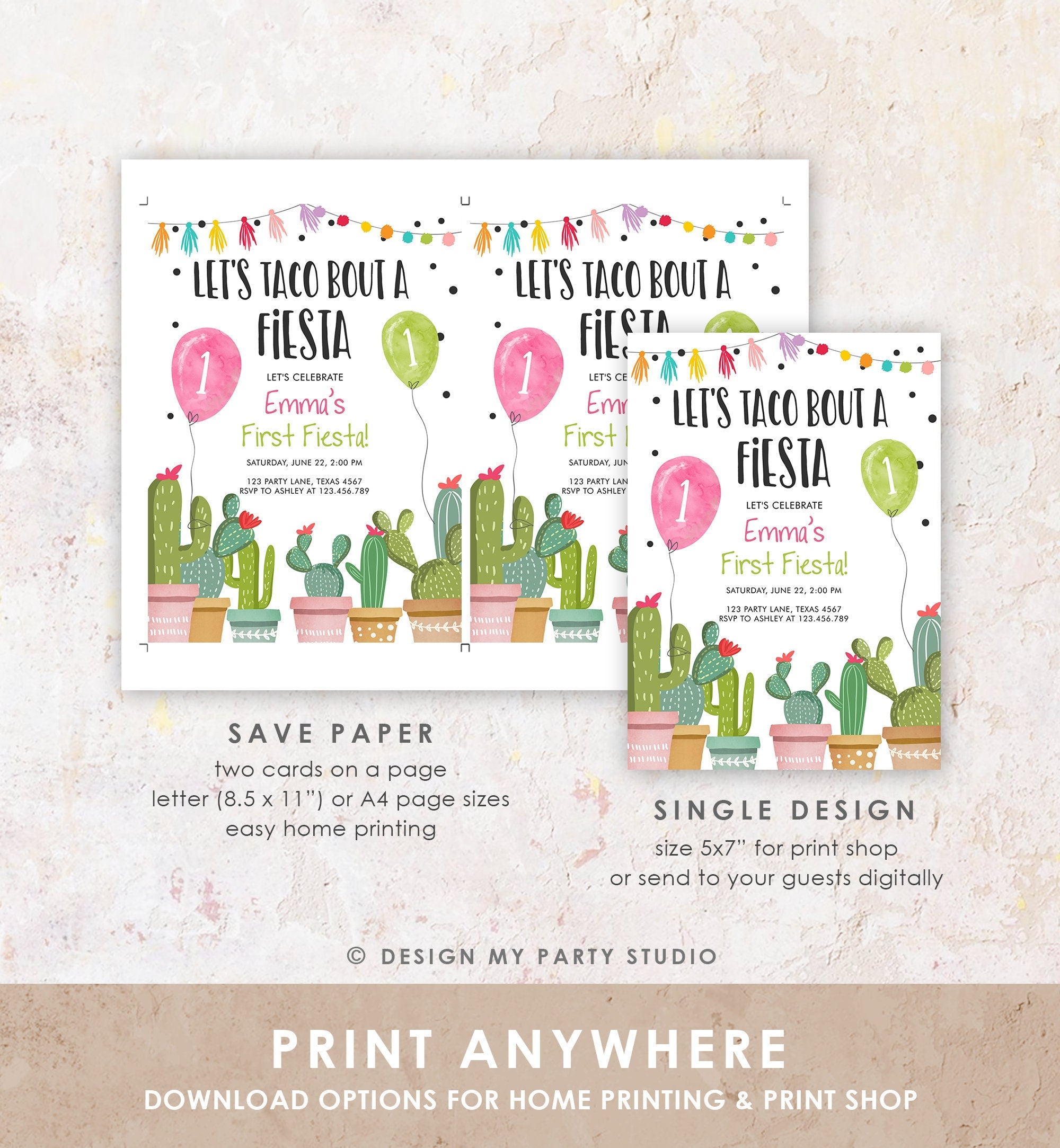 Editable Taco Bout a Fiesta Birthday Invitation ANY AGE Cactus Succulent 1st First Birthday Party Mexican Girl Pink Corjl Template 0254