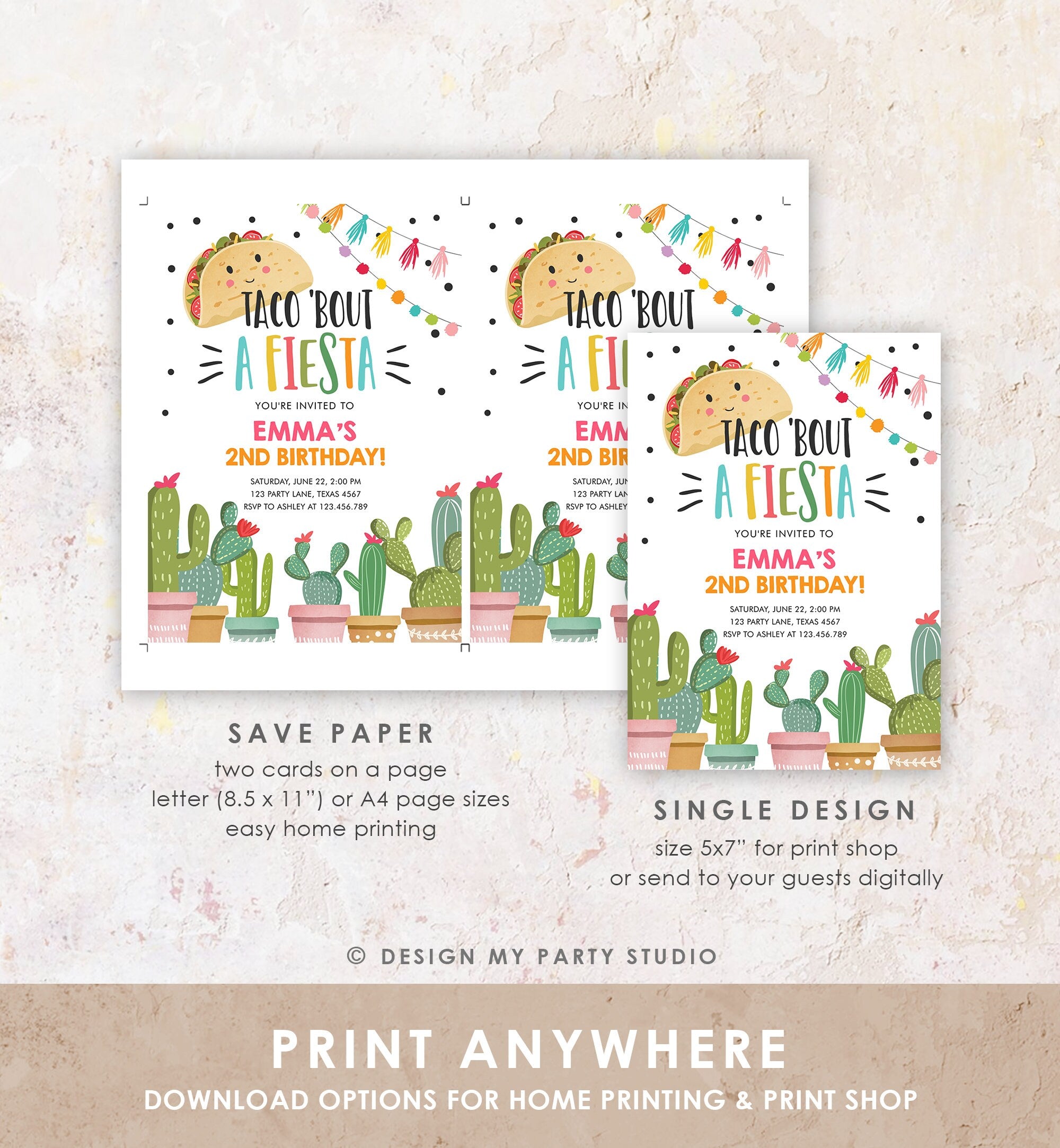 Editable Taco Bout a Fiesta Birthday Invitation ANY AGE Girl Pink Cactus Party Mexican Cinco de Mayo Download Corjl Template Printable 0254