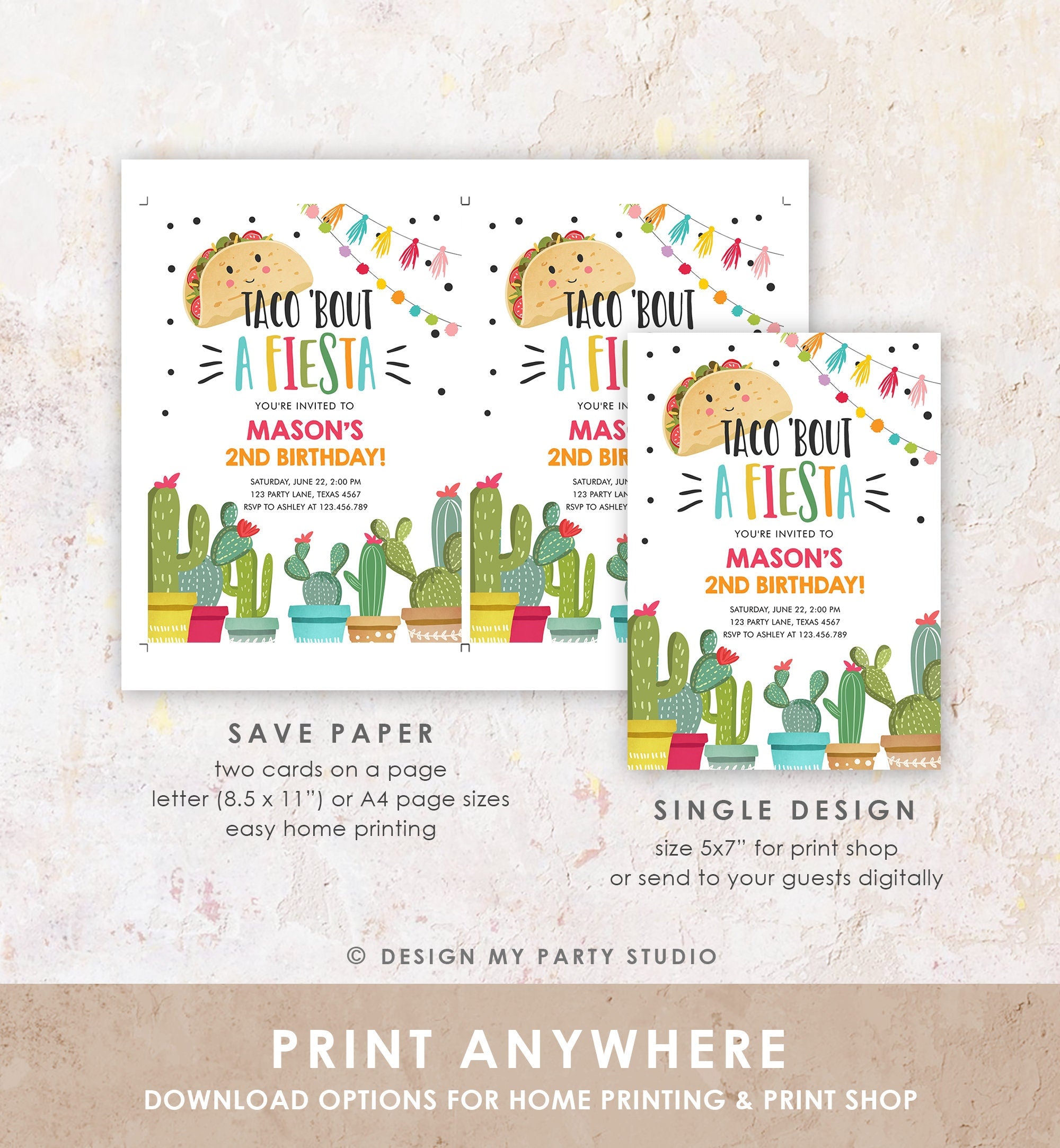 Editable Taco Bout a Fiesta Birthday Invitation ANY AGE Boy 1st Party Mexican Cinco de Mayo Cactus Download Printable Corjl Template 0254