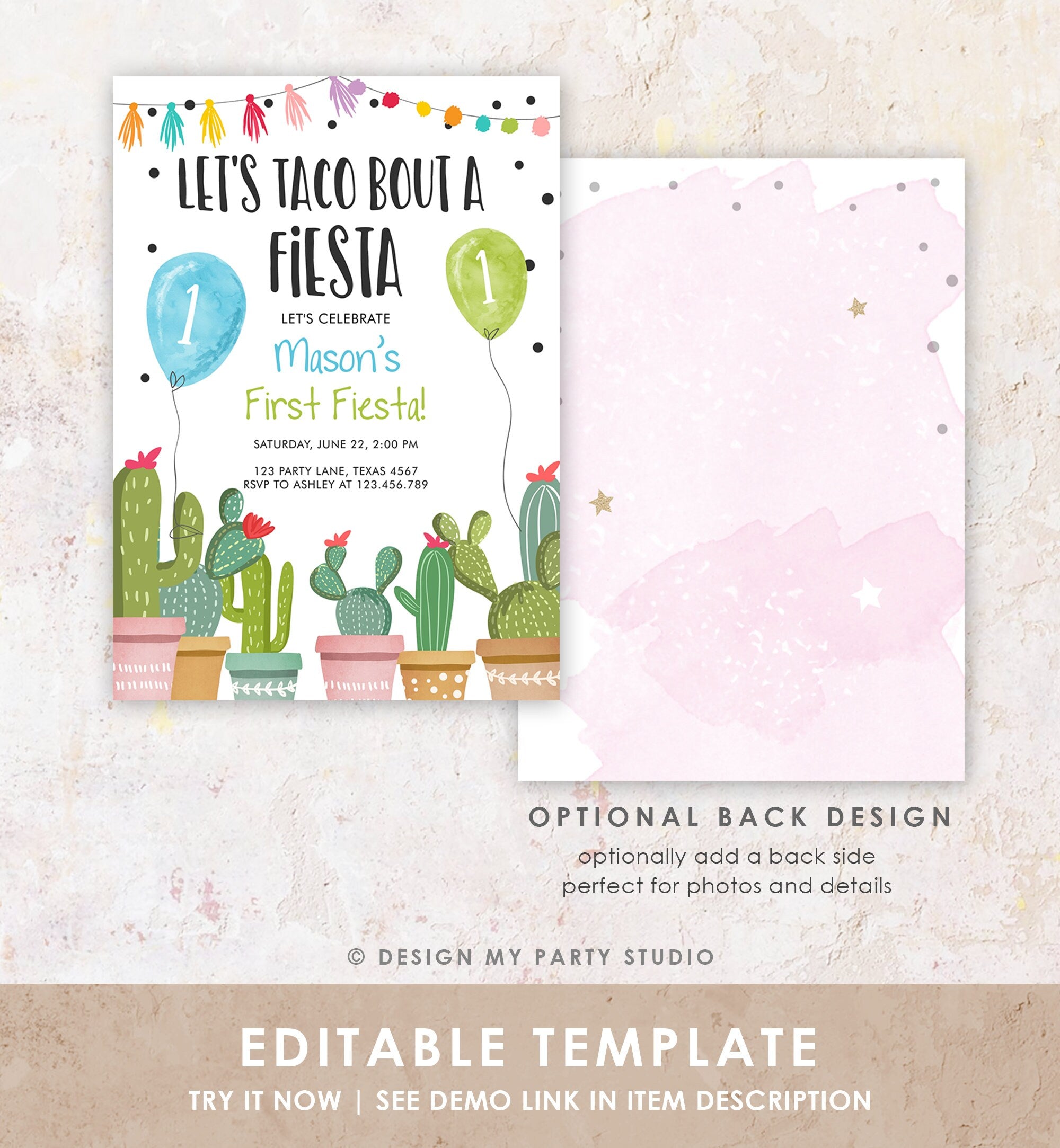 Editable Taco Bout a Fiesta Birthday Invitation ANY AGE Party Cactus Succulent 1st Birthday Mexican Boy First Fiesta Digital Template 0254