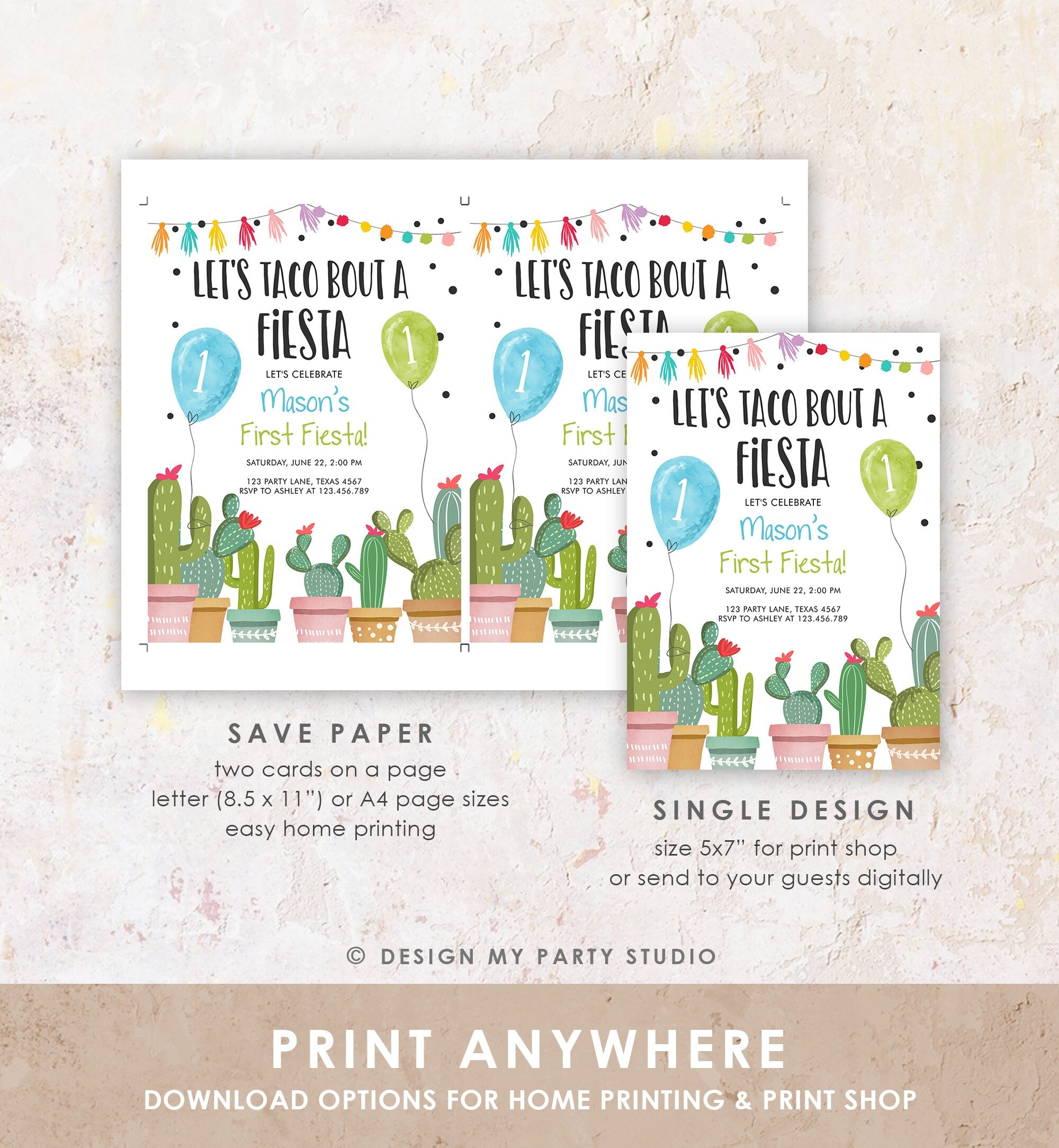 Editable Taco Bout a Fiesta Birthday Invitation ANY AGE Party Cactus Succulent 1st Birthday Mexican Boy First Fiesta Digital Template 0254