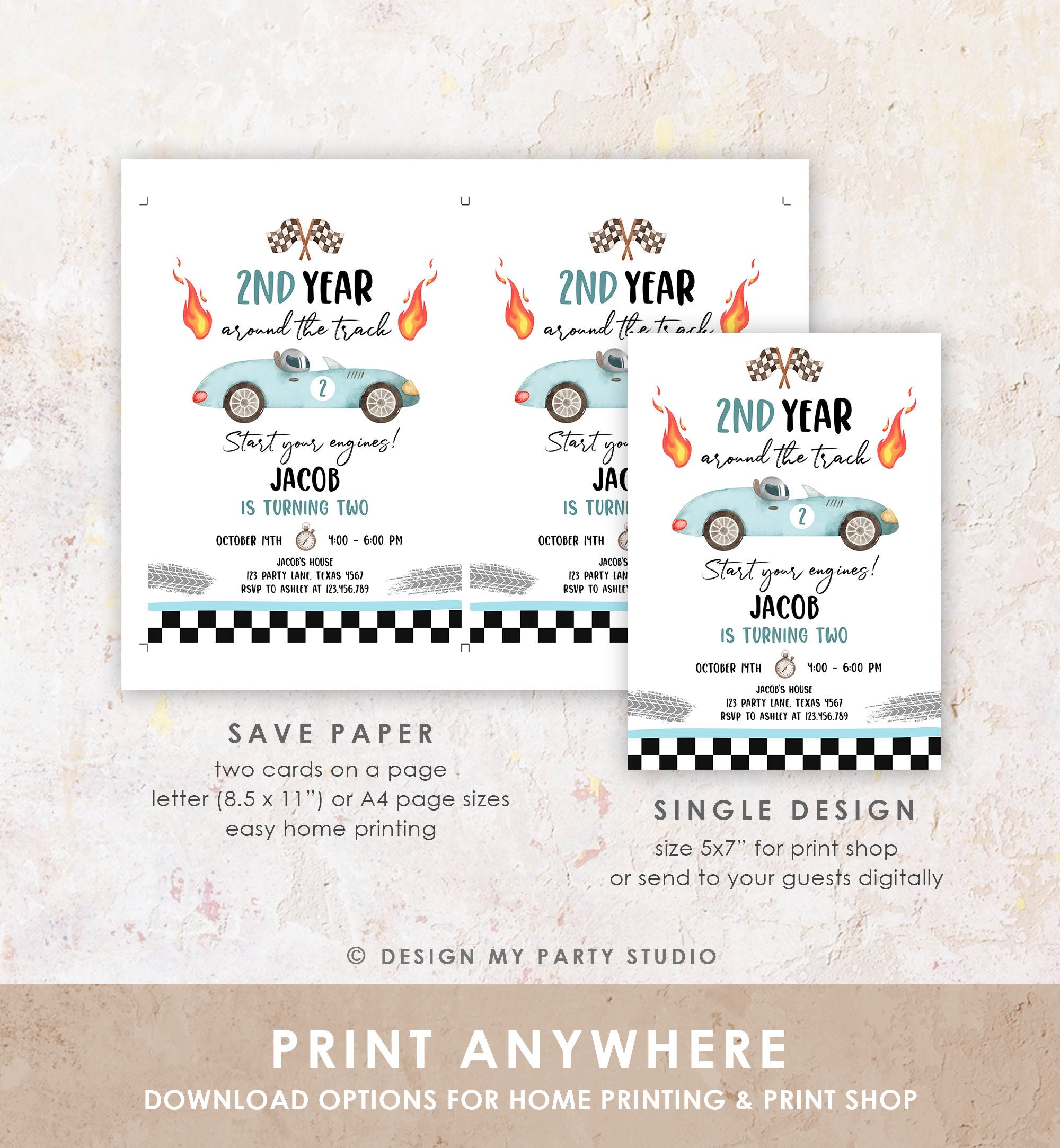 Editable 2nd Year Around the Track Birthday Invitation Boy Blue Two Fast Party Race Car Second Birthday Racing Evite Template Printable 0424