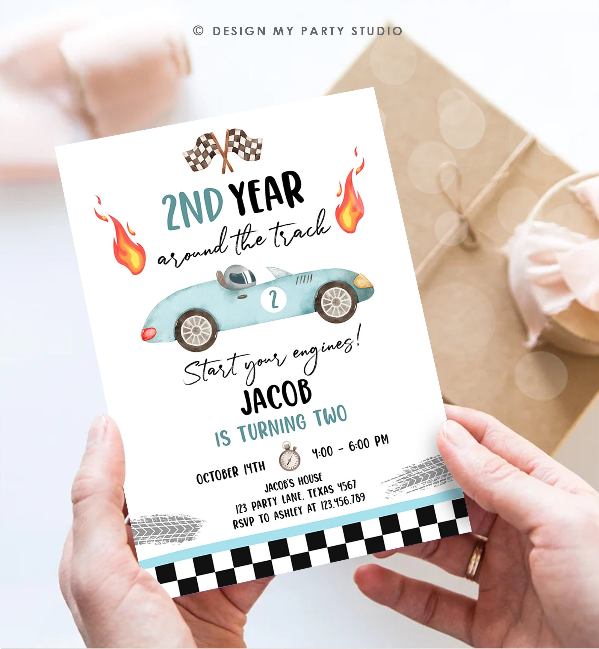 Editable 2nd Year Around the Track Birthday Invitation Boy Blue Two Fast Party Race Car Second Birthday Racing Evite Template Printable 0424