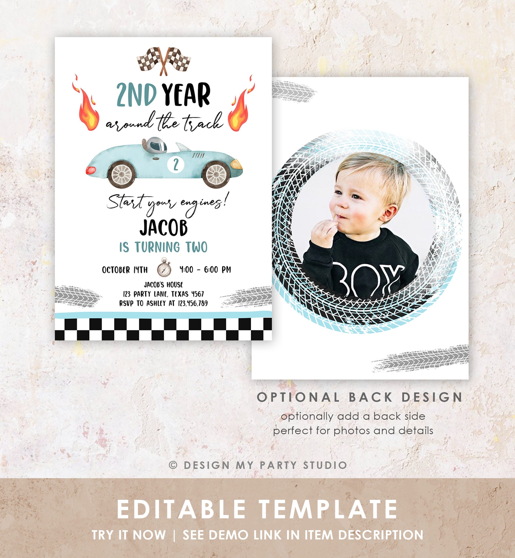 Editable 2nd Year Around the Track Birthday Invitation Boy Blue Two Fast Party Race Car Second Birthday Racing Evite Template Printable 0424