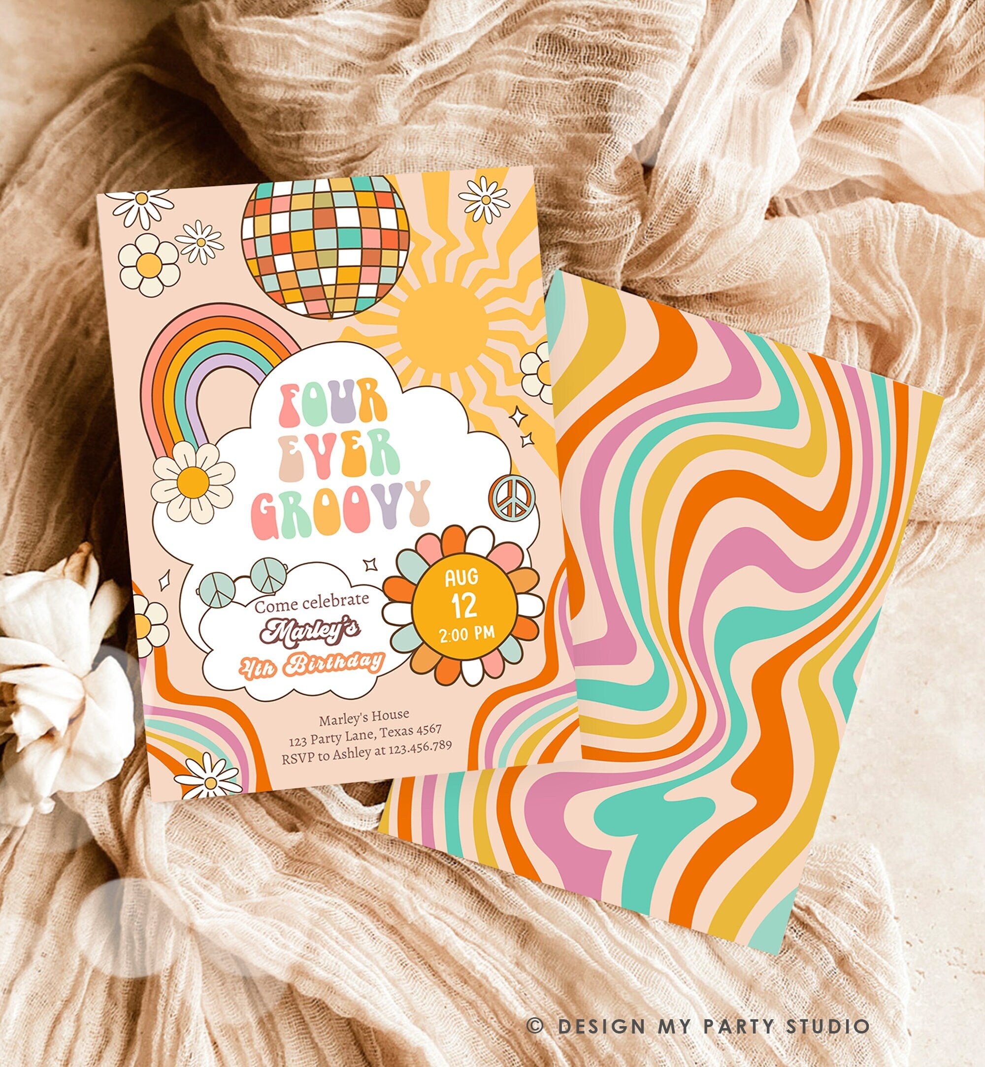 Editable Four ever Groovy Birthday Invitation 4th Birthday Retro Invite Rainbow Peace Love Party Four Download Template Corjl Digital 0459