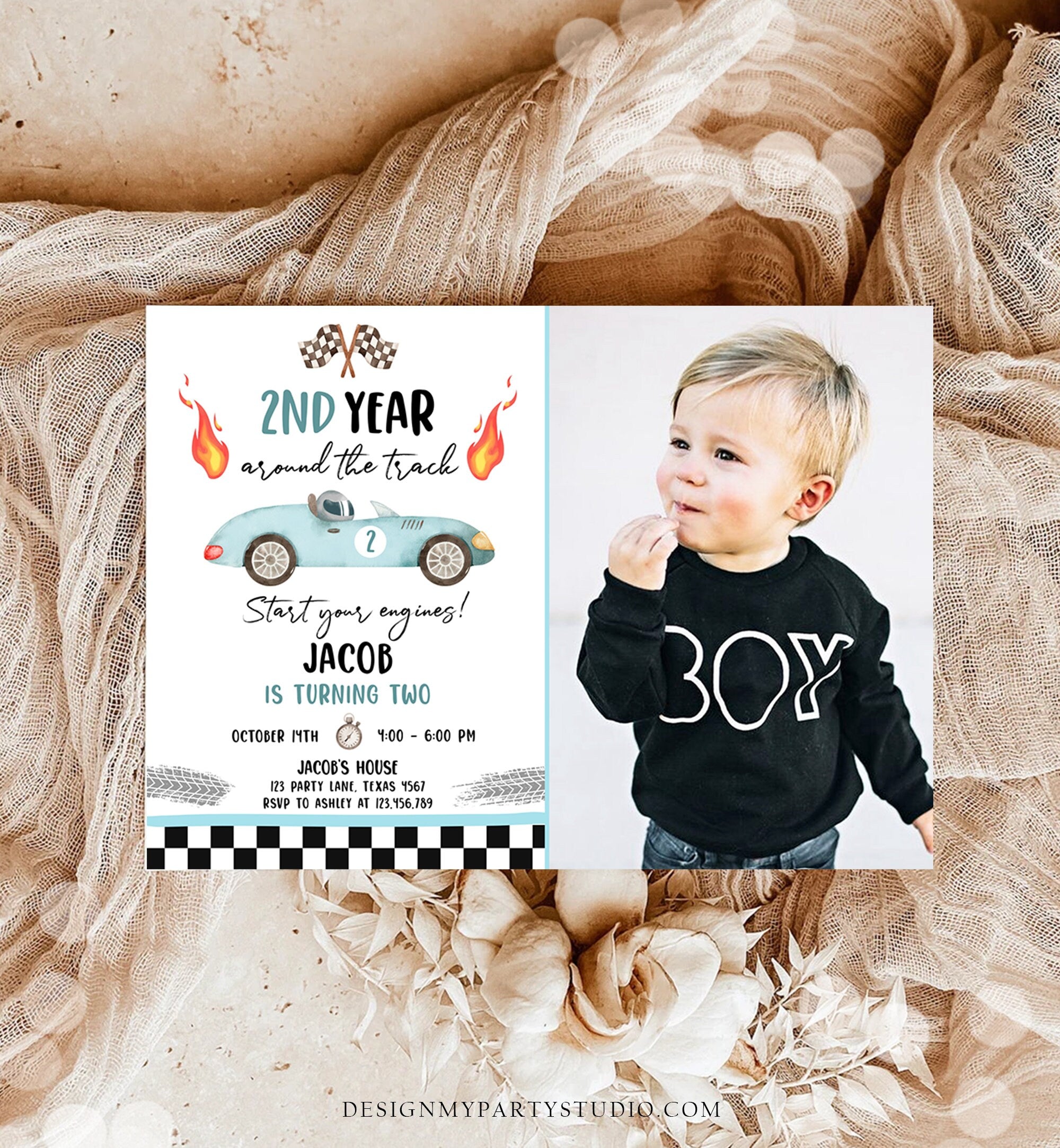 Editable 2nd Year Around the Track Birthday Invitation Boy Blue Two Fast Party Race Car Second Birthday Racing Corjl Template Printable 0424