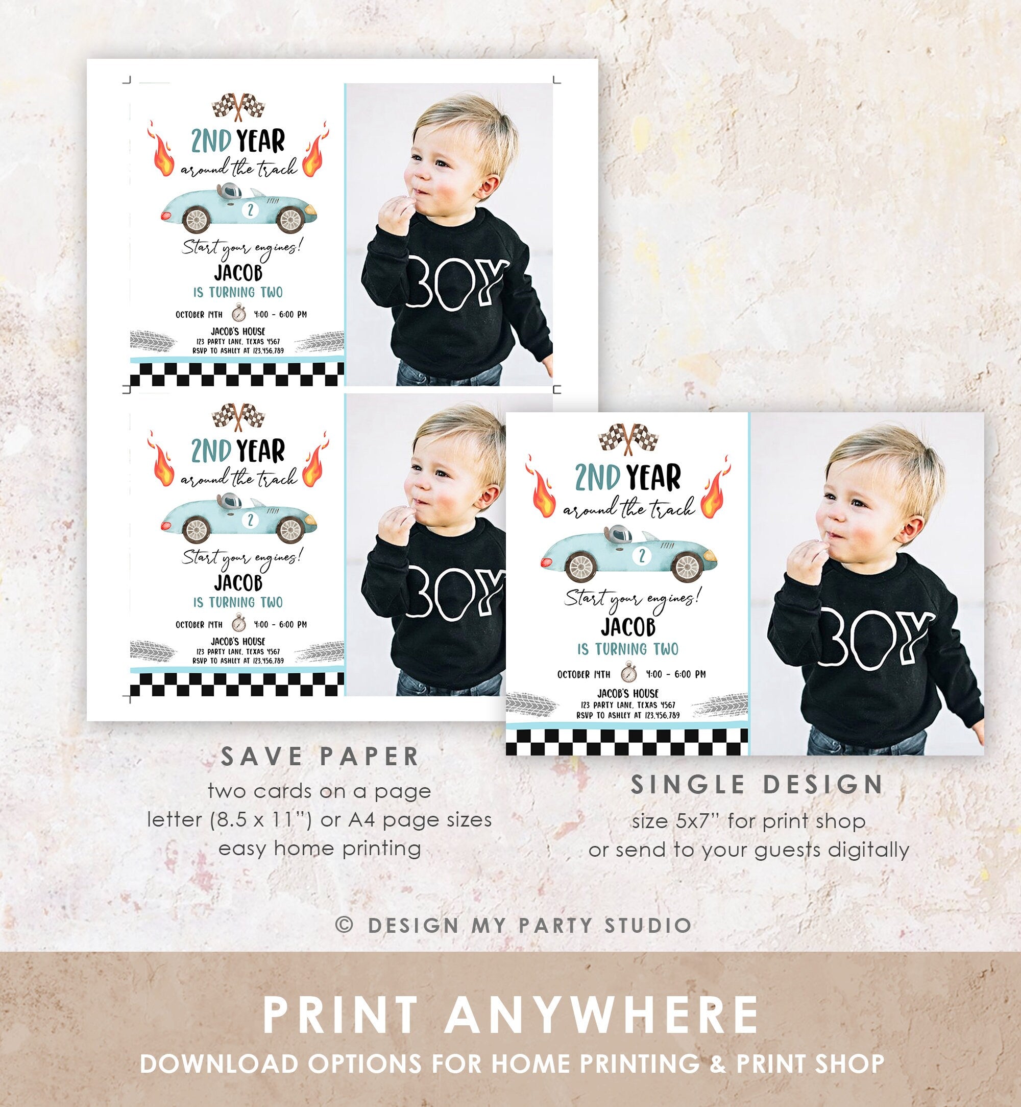 Editable 2nd Year Around the Track Birthday Invitation Boy Blue Two Fast Party Race Car Second Birthday Racing Corjl Template Printable 0424