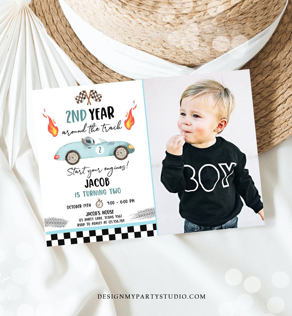 Editable 2nd Year Around the Track Birthday Invitation Boy Blue Two Fast Party Race Car Second Birthday Racing Corjl Template Printable 0424