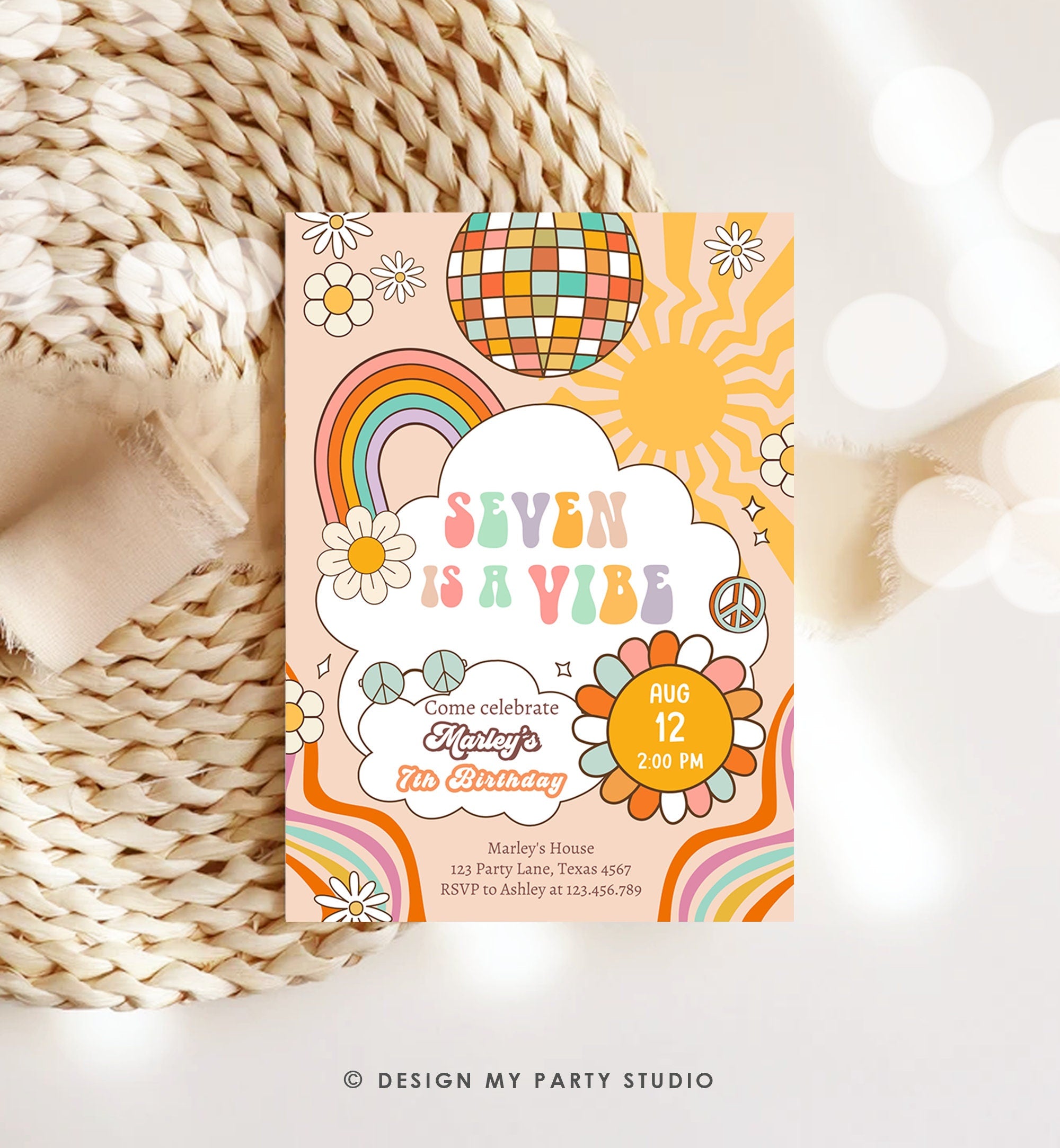 Editable Seven Is A Vibe Groovy Birthday Invitation 7th Birthday Retro Invite Rainbow Peace Love Party Download Template Corjl Digital 0459