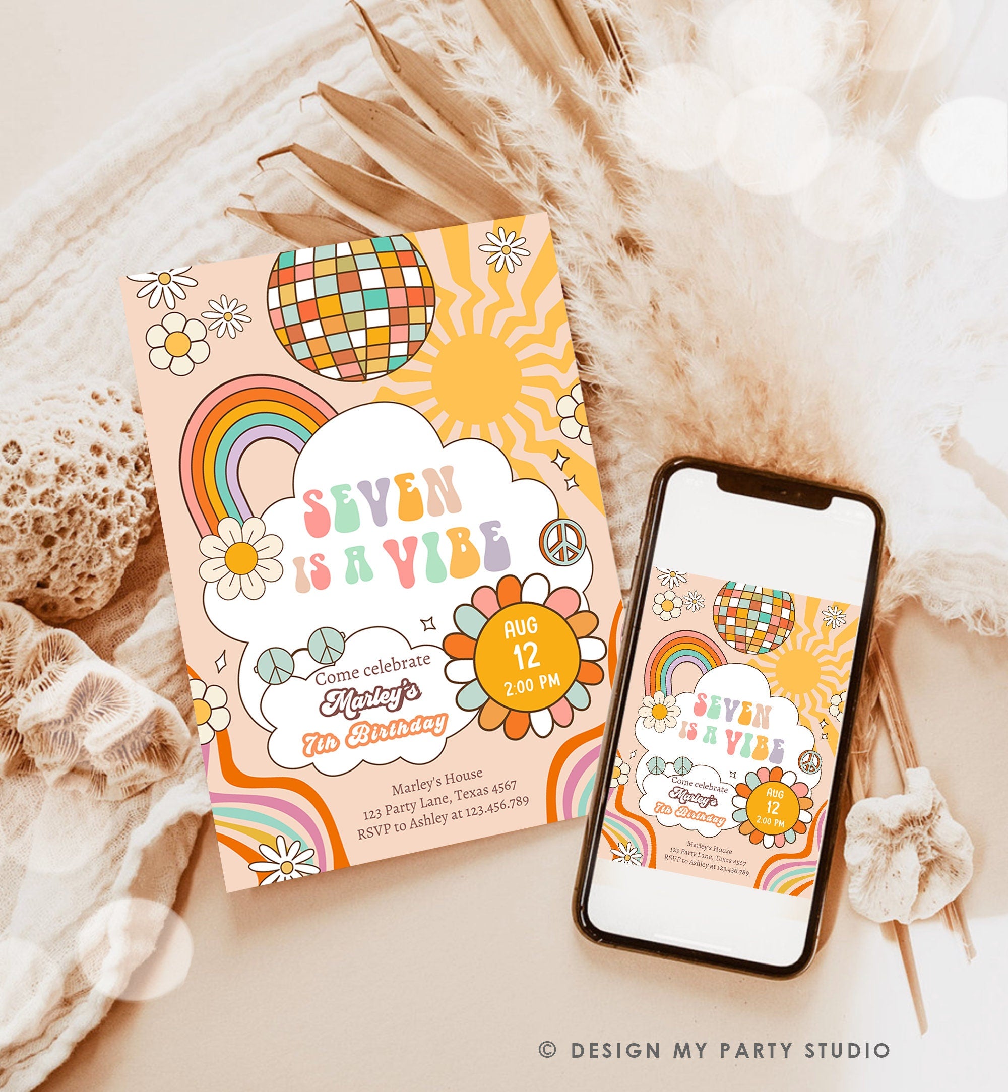 Editable Seven Is A Vibe Groovy Birthday Invitation 7th Birthday Retro Invite Rainbow Peace Love Party Download Template Corjl Digital 0459