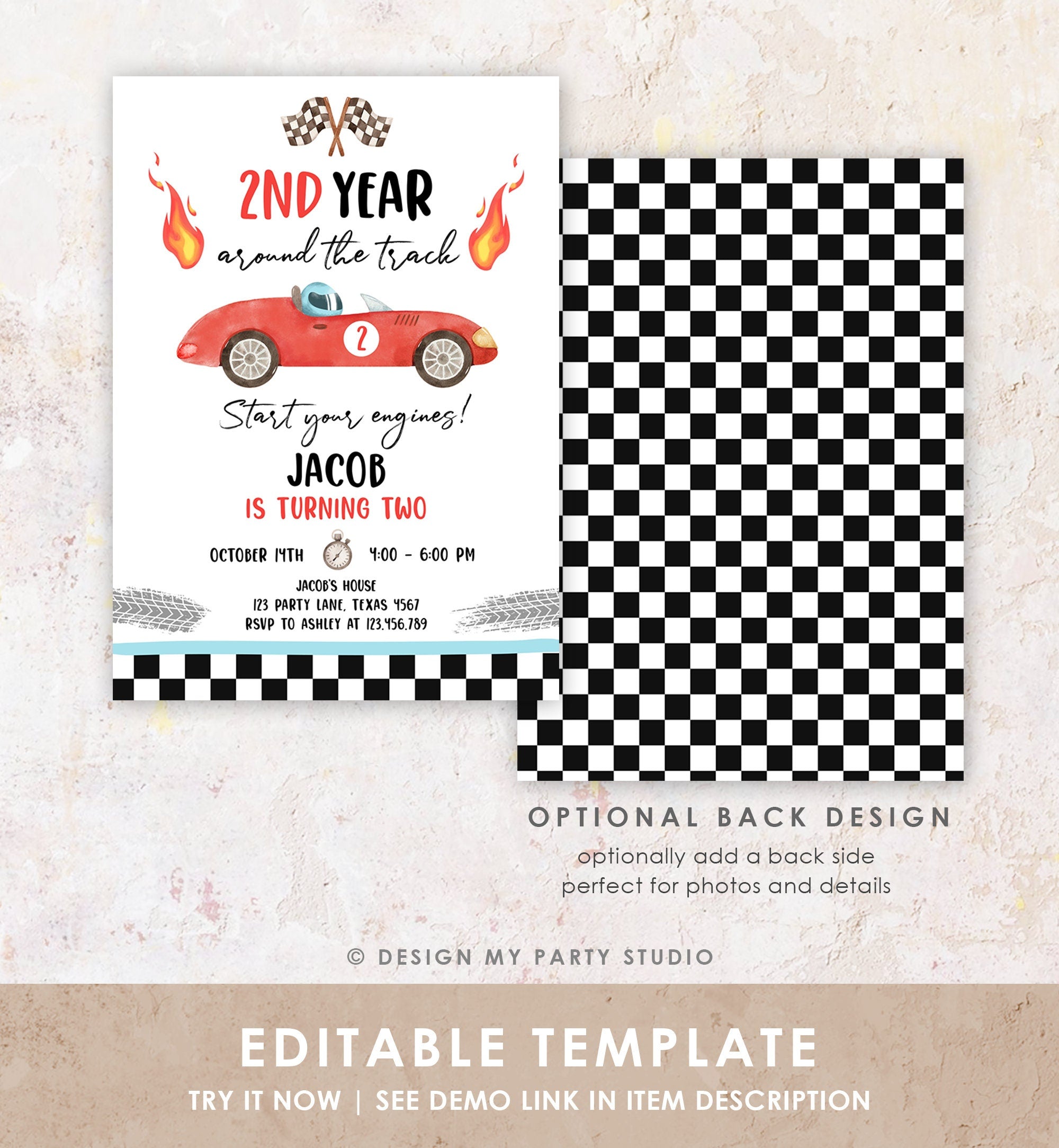 Editable 2nd Year Around the Track Birthday Invitation Boy Red Two Fast Party Race Car Second Birthday Racing Corjl Template Printable 0424