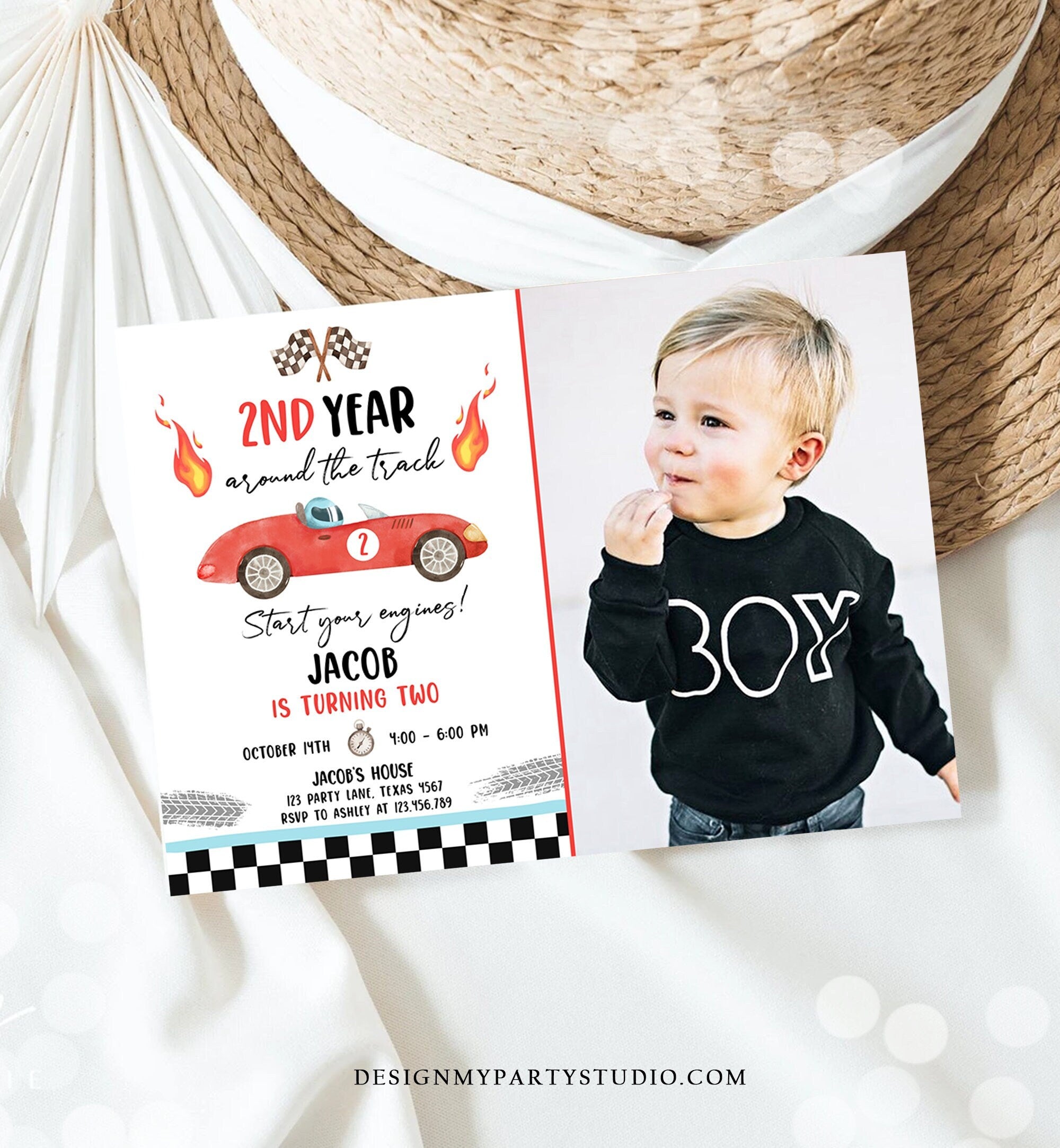 Editable Race Car Birthday Invitation Boy Red Two Fast Party 2nd Year Around the Track Second Birthday Racing Evite Template Printable 0424