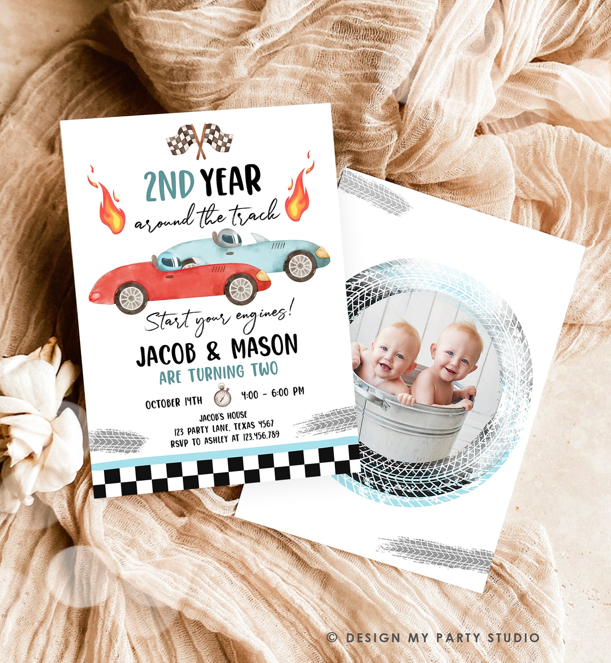 Editable 2nd Year Around the Track Birthday Invitation Blue Two Fast Twin Boys Race Car Second Birthday Racing Corjl Template Printable 0424