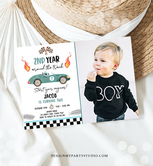 Editable 2nd Year Around the Track Birthday Invitation Boy Green Blue Two Fast Race Car Second Birthday Racing Corjl Template Printable 0424