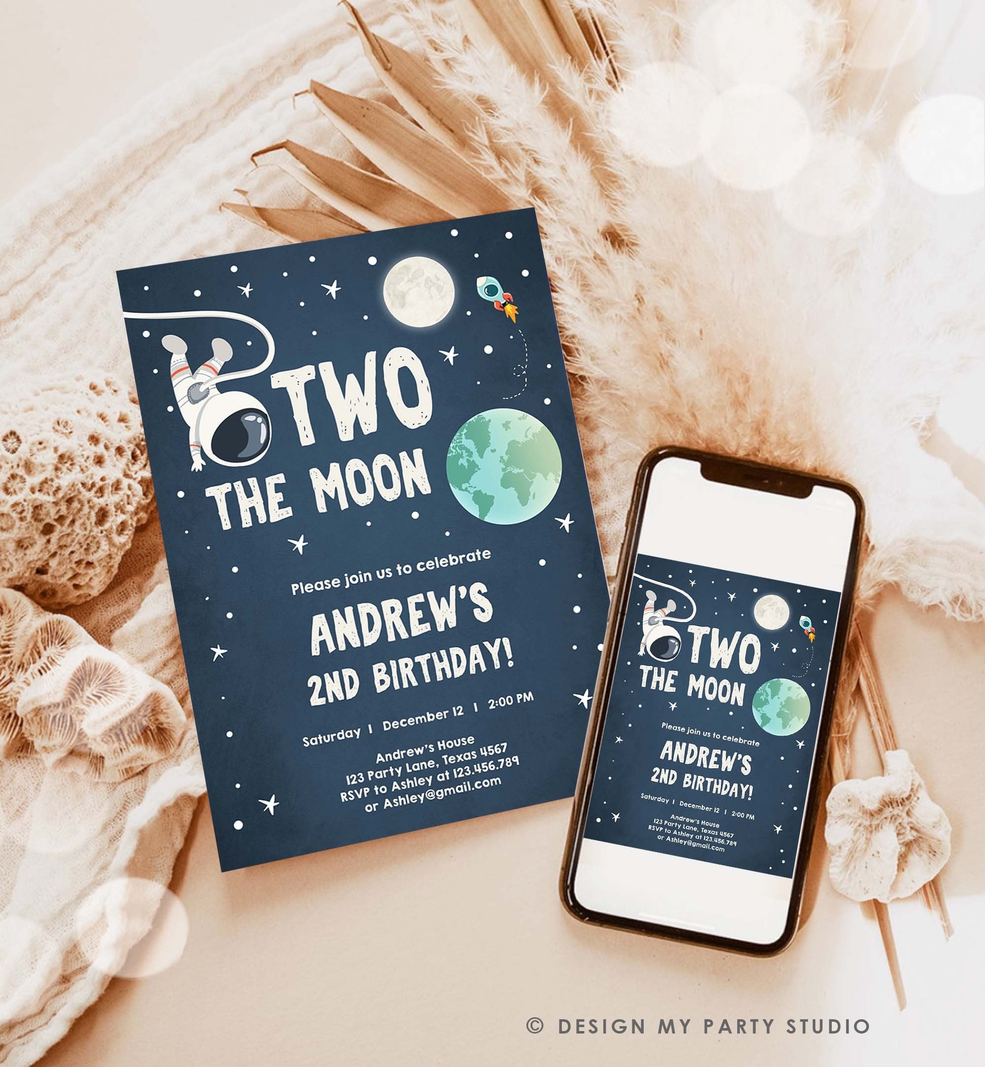 Editable Two the Moon Birthday Invitation Space Astronaut Boy Galaxy 2nd Second Birthday Digital Download Corjl Template Printable 0046