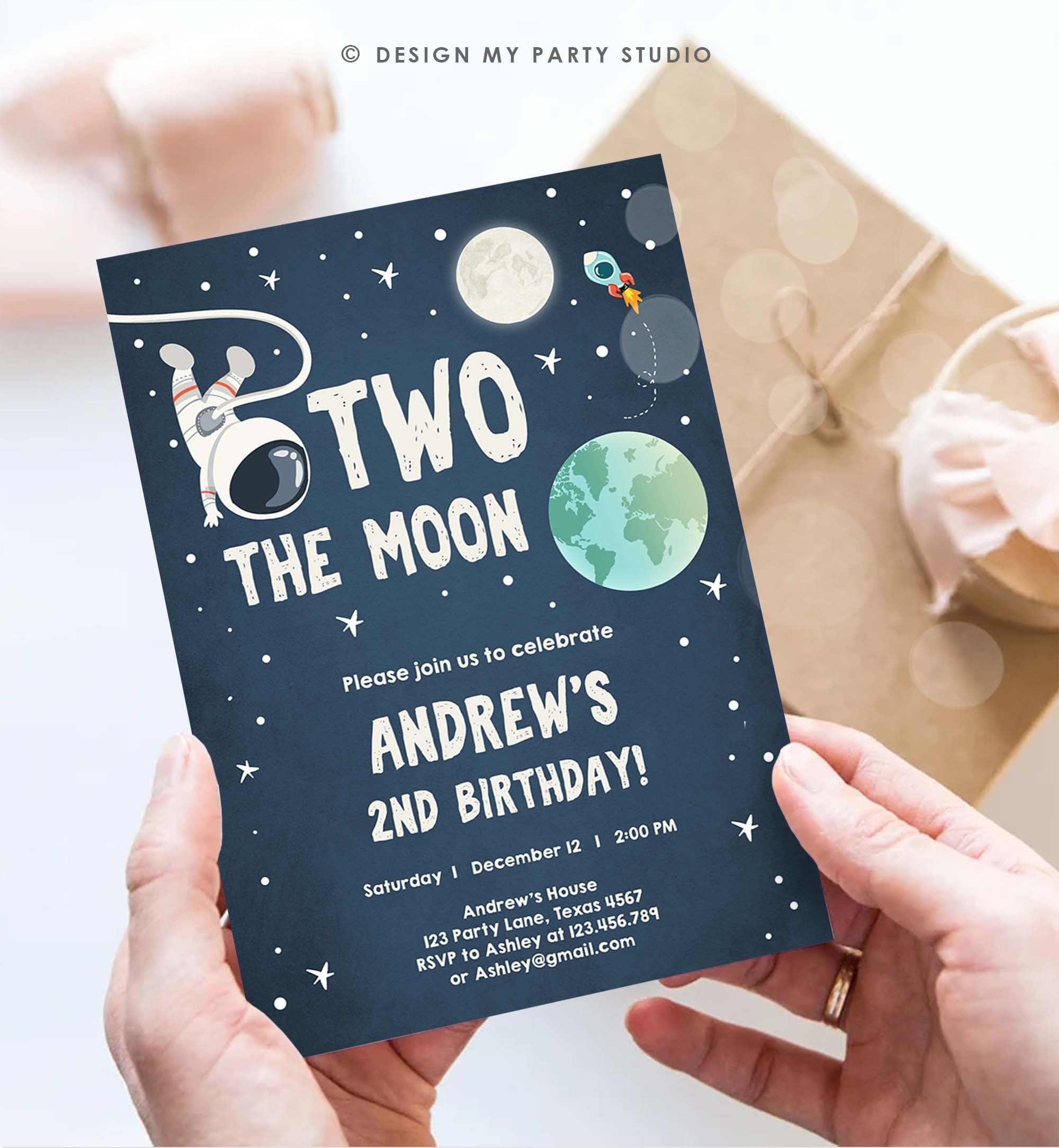 Editable Two the Moon Birthday Invitation Space Astronaut Boy Galaxy 2nd Second Birthday Digital Download Corjl Template Printable 0046