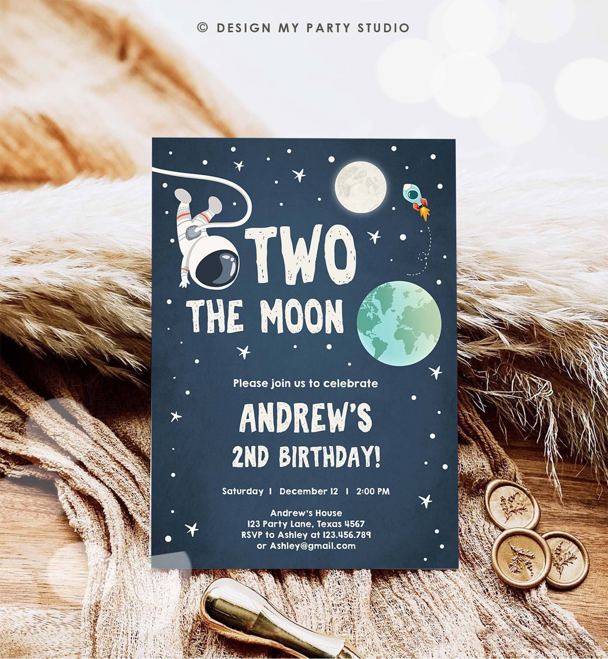 Editable Two the Moon Birthday Invitation Space Astronaut Boy Galaxy 2nd Second Birthday Digital Download Corjl Template Printable 0046