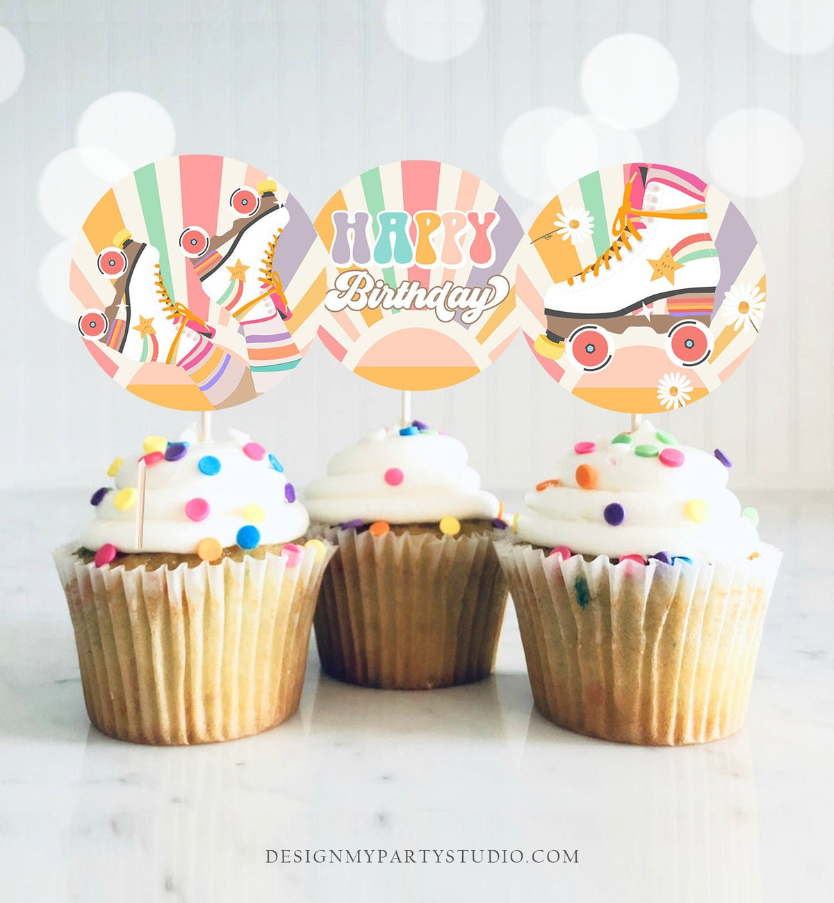 Roller Skate Cupcake Toppers Skate Birthday Favor Tags Retro Daisy Roller Rink Party Decor Rollerskating Download Digital Printable 0435