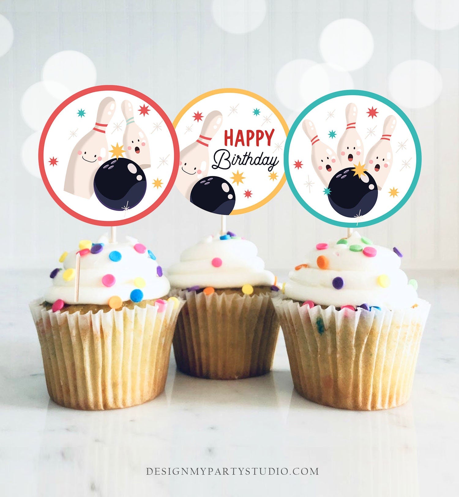 Bowling Party Cupcake Toppers Bowling Birthday Party Decorations Boy Stickers Tags Strike Up Some Fun Digital Download Printable0505