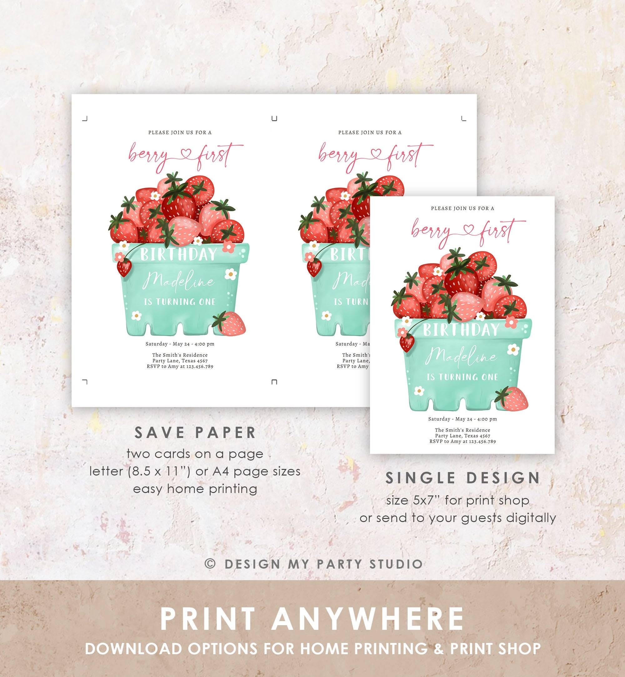 Editable Strawberry Birthday Invitation First Birthday Berry Sweet Girl Cute Strawberries 1st Download Printable Template Corjl Digital 0506