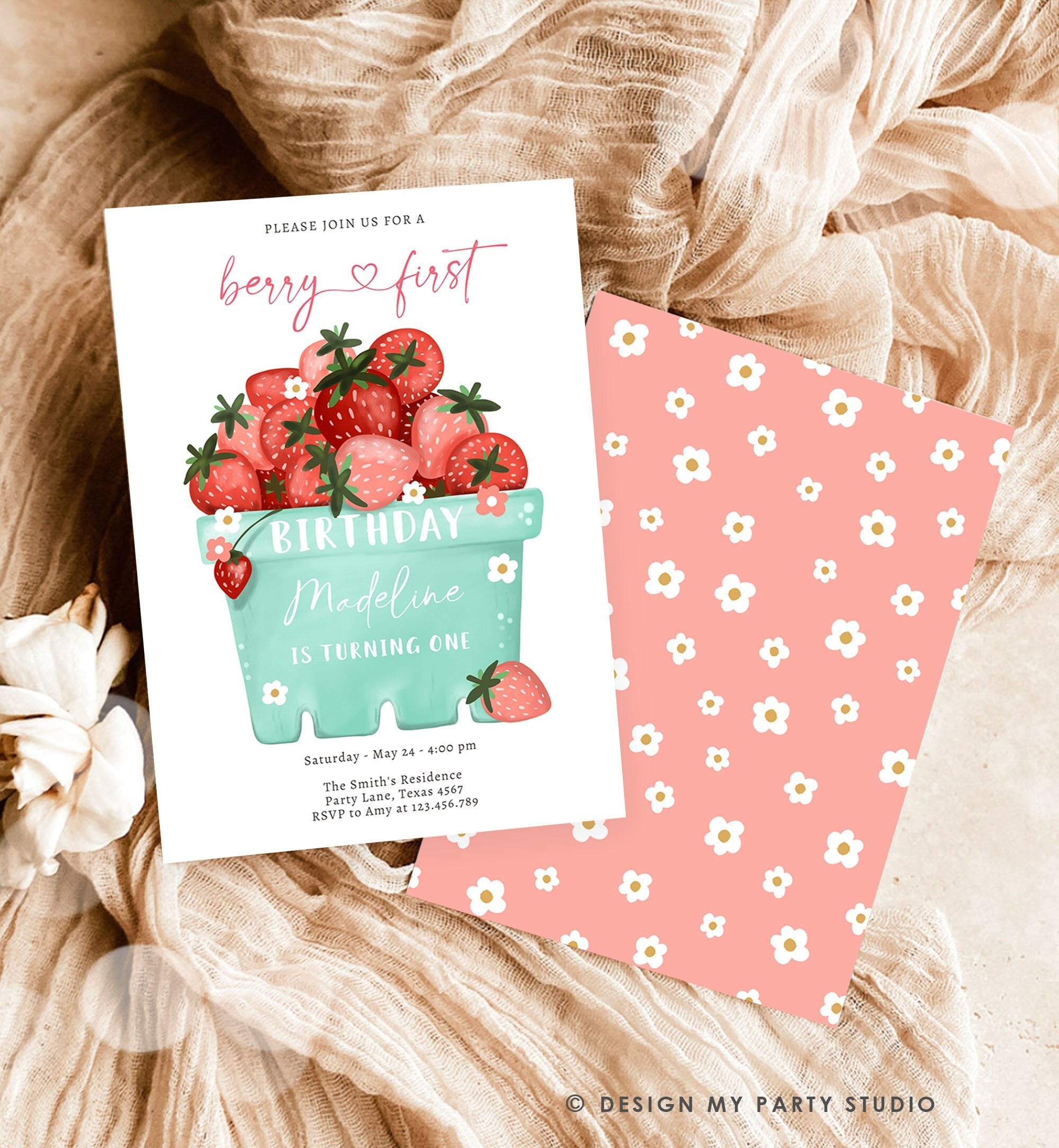 Editable Strawberry Birthday Invitation First Birthday Berry Sweet Girl Cute Strawberries 1st Download Printable Template Corjl Digital 0506