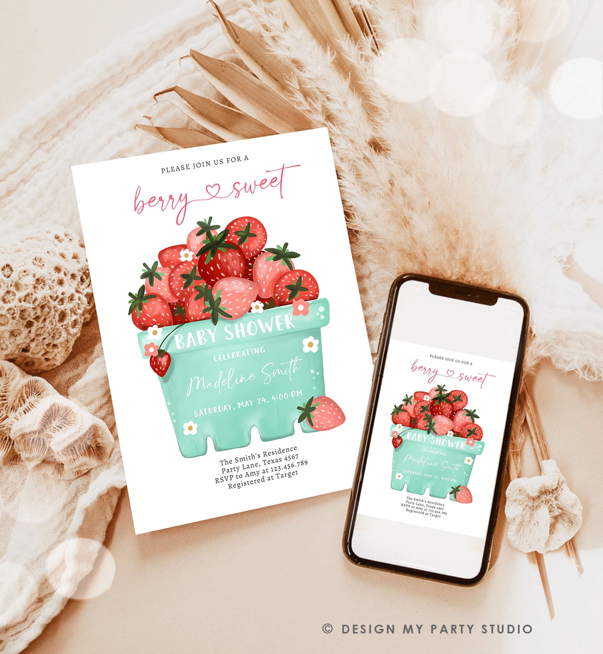 Editable Strawberry Baby Shower Invitation Cute Berry Sweet Baby Girl Strawberries Summer Download Printable Template Corjl Digital 0506