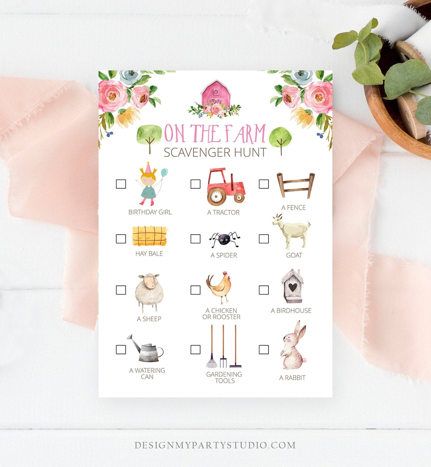 Editable Farm Scavenger Hunt Checklist Game Party Girl Pink Farm Birthday Barnyard Party Nature Instant Download Template Corjl 0155