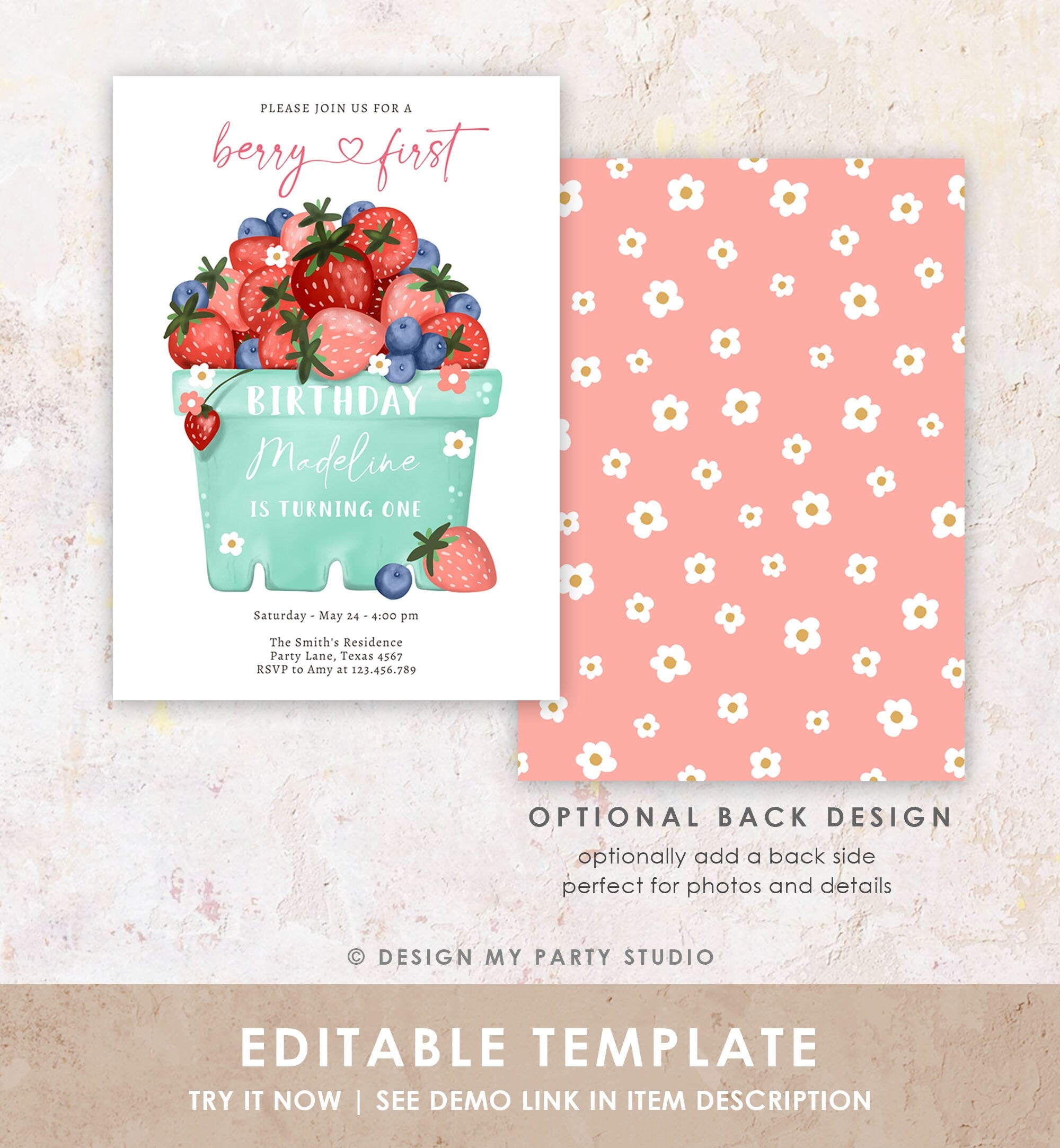 Editable Berry Sweet Birthday Invitation Blueberry Strawberry Picking Party Farmers Market Twin Printable Template Corjl Digital 0506