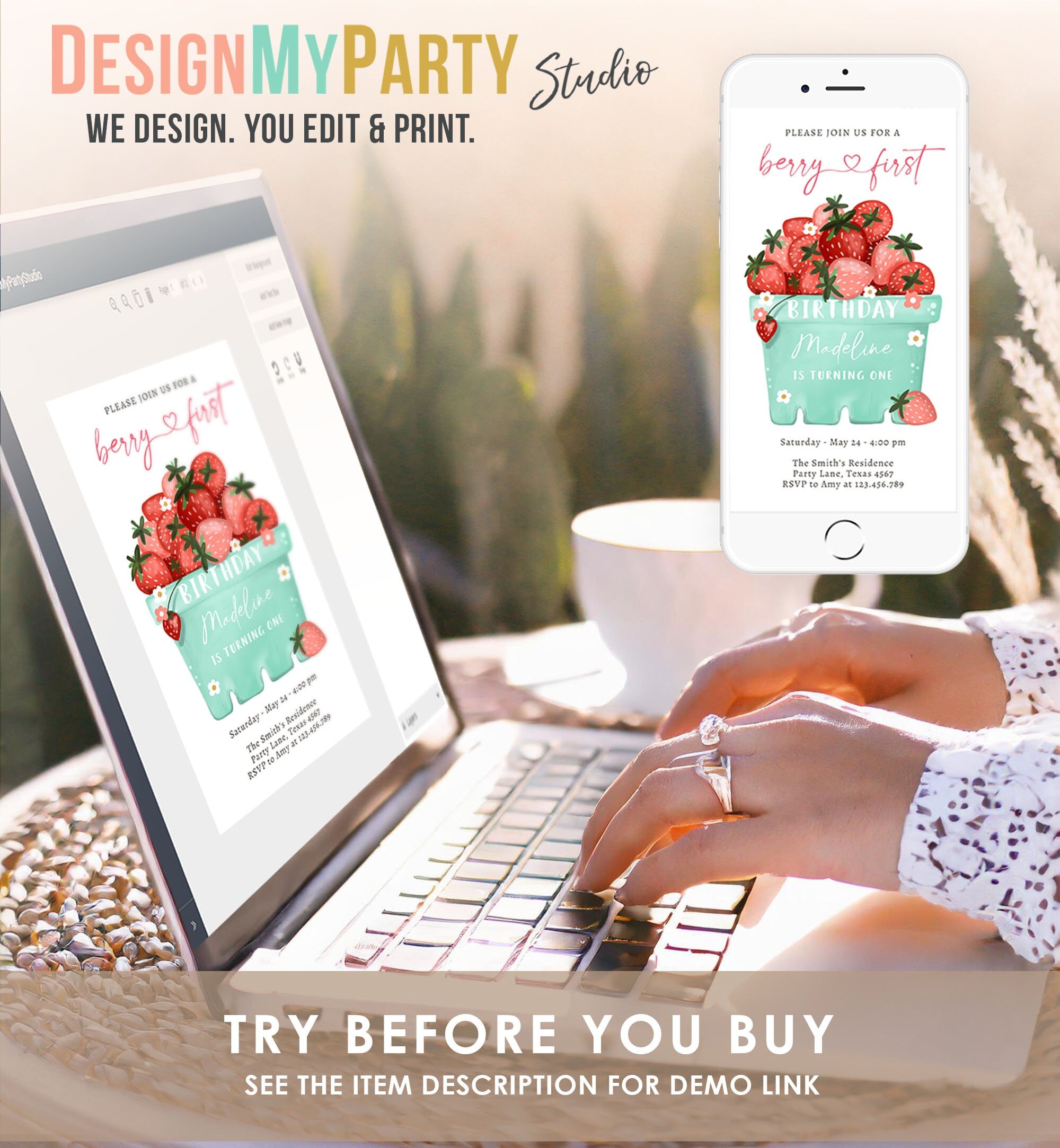 Editable Berry First Birthday Evite Electronic Strawberry Birthday Berry Sweet Strawberries 1st Digital Phone Template Corjl Digital 0506