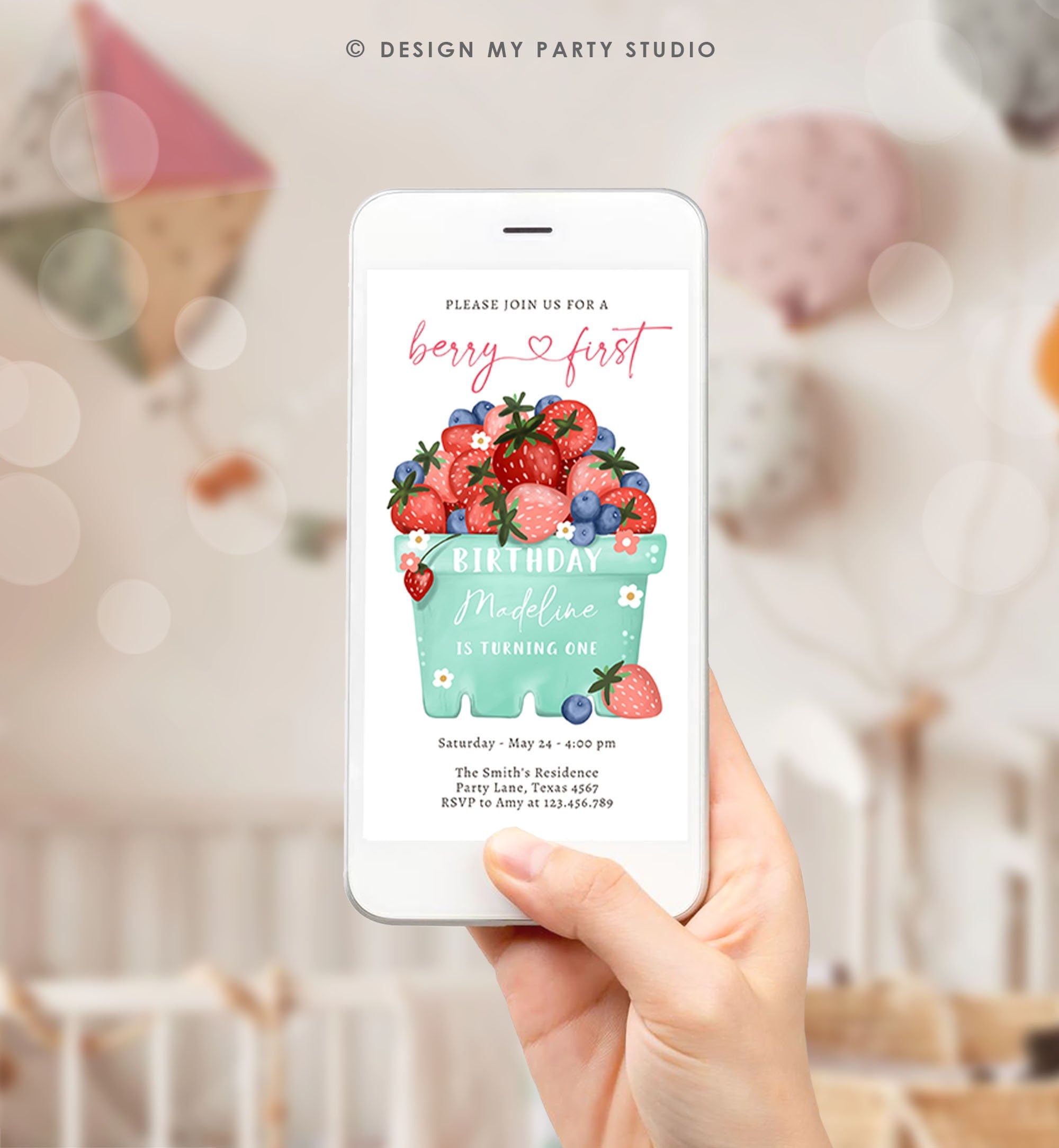 Editable Berry Sweet Birthday Evite Electronic Blueberry Strawberry Picking Party Farmers Market Digital Phone Template Corjl Digital 0506