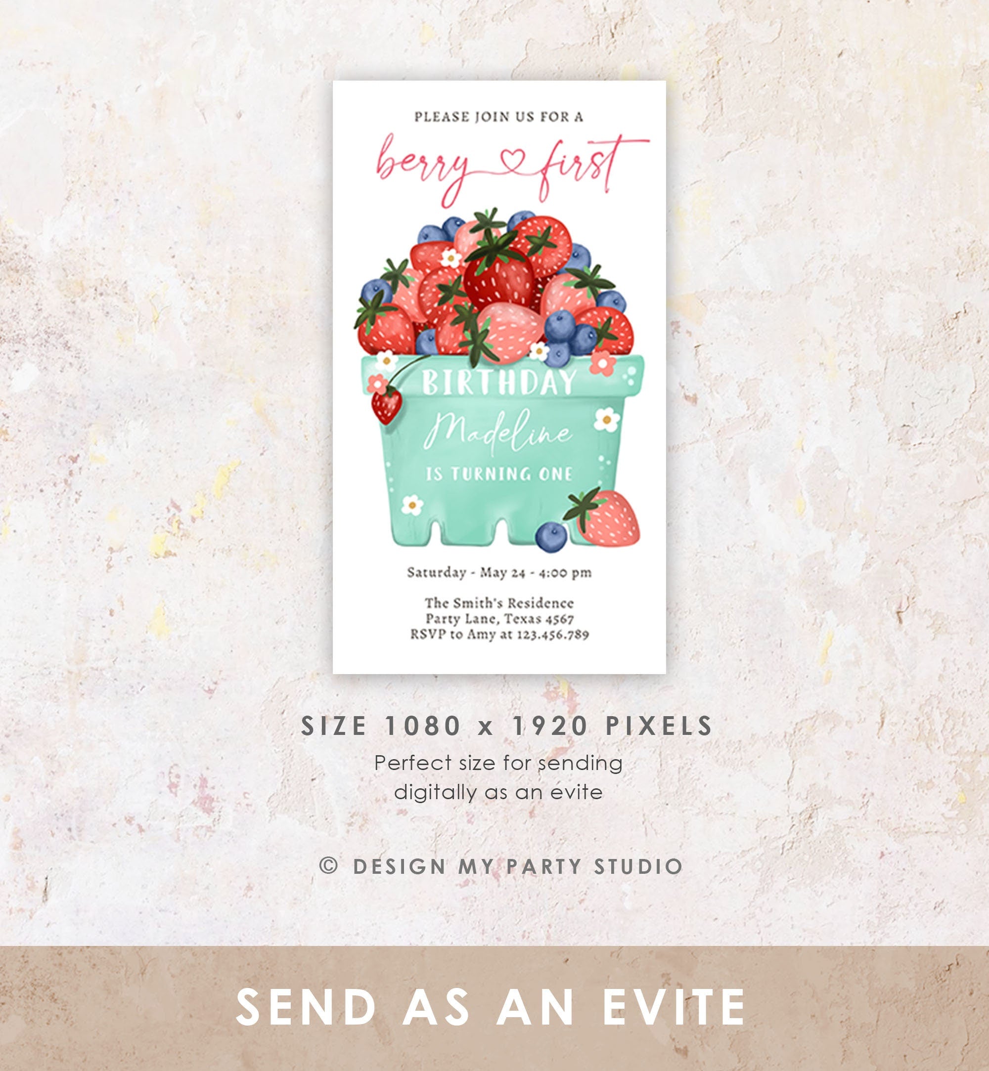 Editable Berry Sweet Birthday Evite Electronic Blueberry Strawberry Picking Party Farmers Market Digital Phone Template Corjl Digital 0506