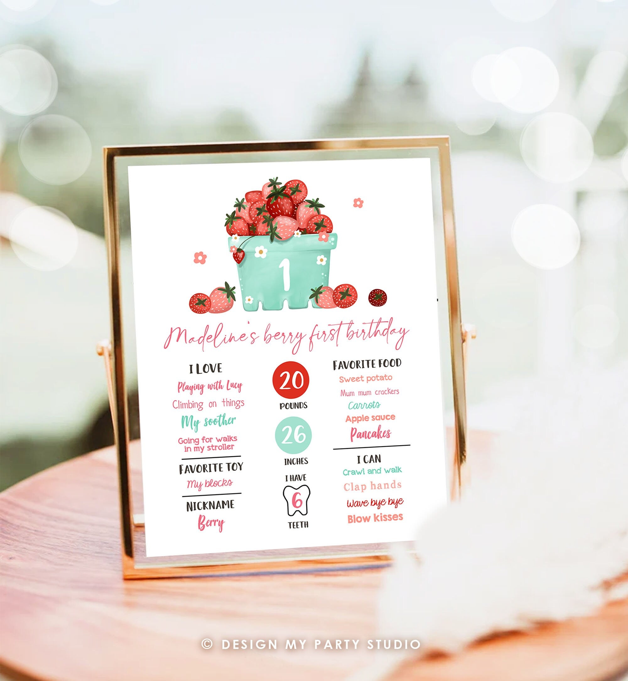 Editable Strawberry Birthday Milestones Sign Strawberry First Birthday Girl Strawberries Watercolor Download Template Printable Corjl 0506