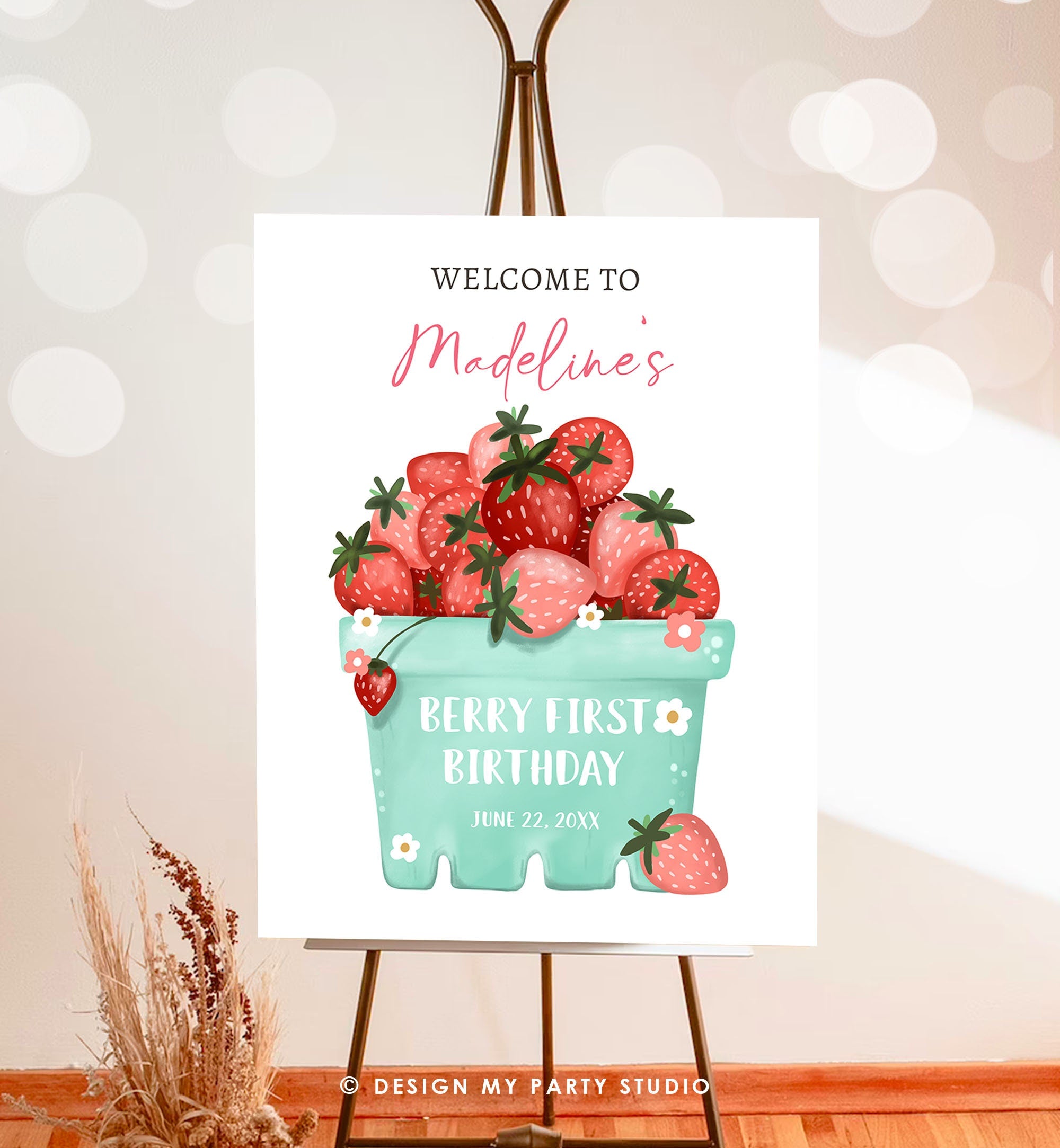 Editable Strawberry Welcome Sign Strawberry Birthday Party Welcome Farmers Market Girl Berry First Berry Sweet Template PRINTABLE Corjl 0506