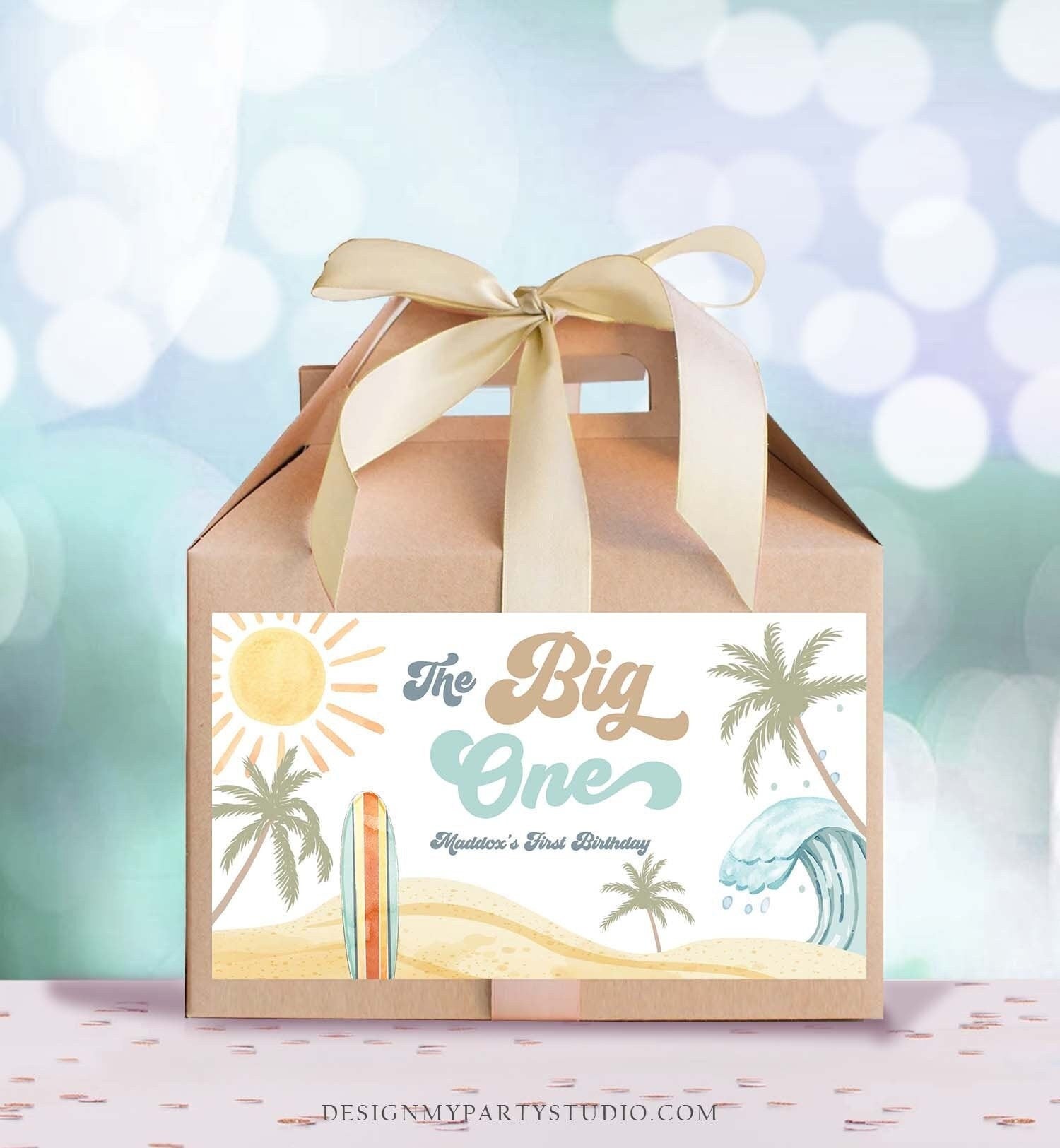 Editable Surf Gable Box Favor Label Surf Birthday Favor Box Label Boy The Big One Retro Surfboard 1st Digital Download Printable Corjl 0433