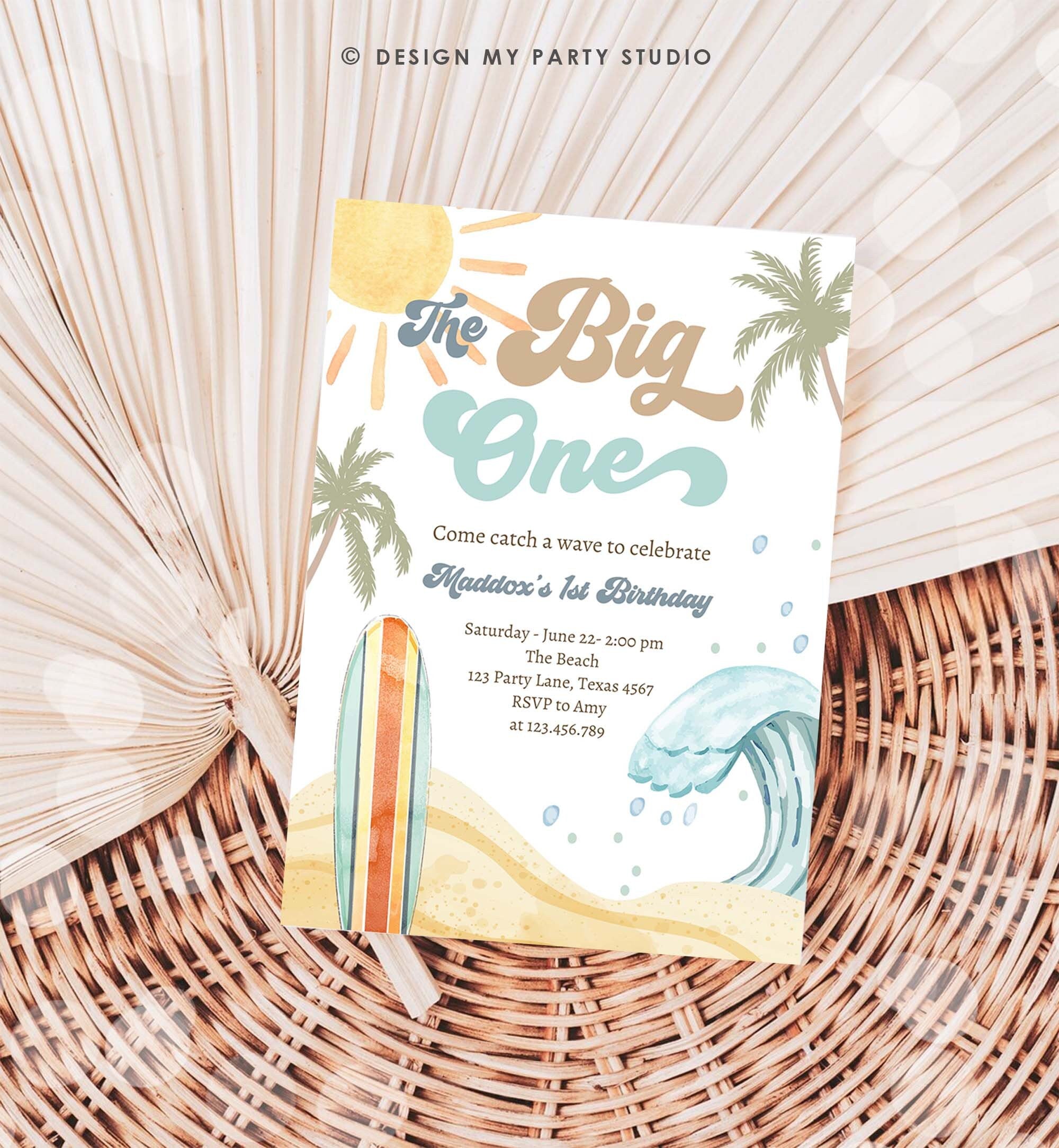 Editable The Big One Surf 1st Birthday Invitation Retro Surfboard Beach Party Wave Surfer Boho Invite Download Template Corjl Digital 0433