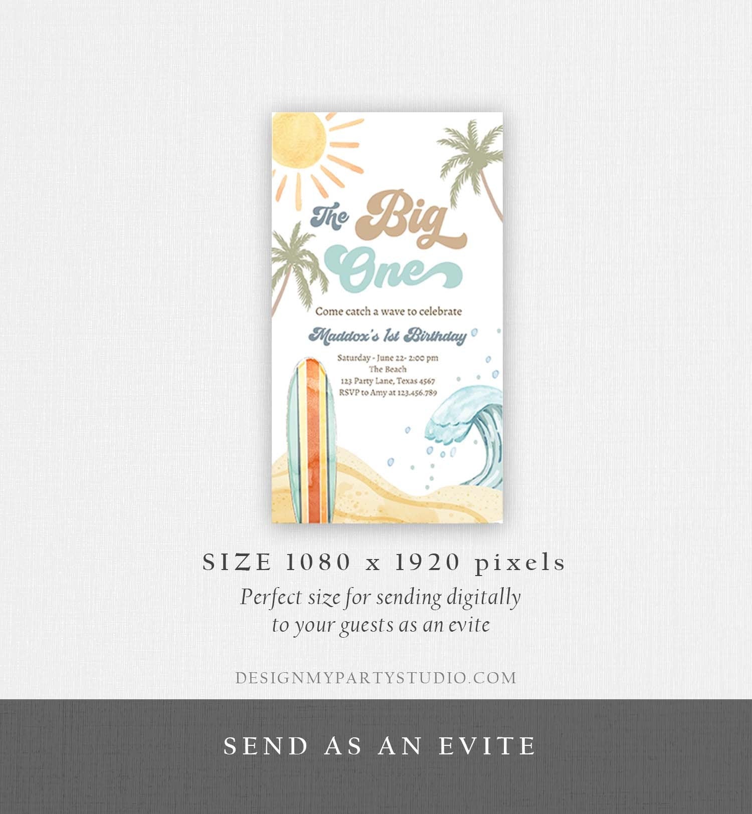 Editable The Big One Surf 1st Birthday Invitation Retro Surfboard Beach Party Wave Surfer Boho Invite Download Template Corjl Digital 0433