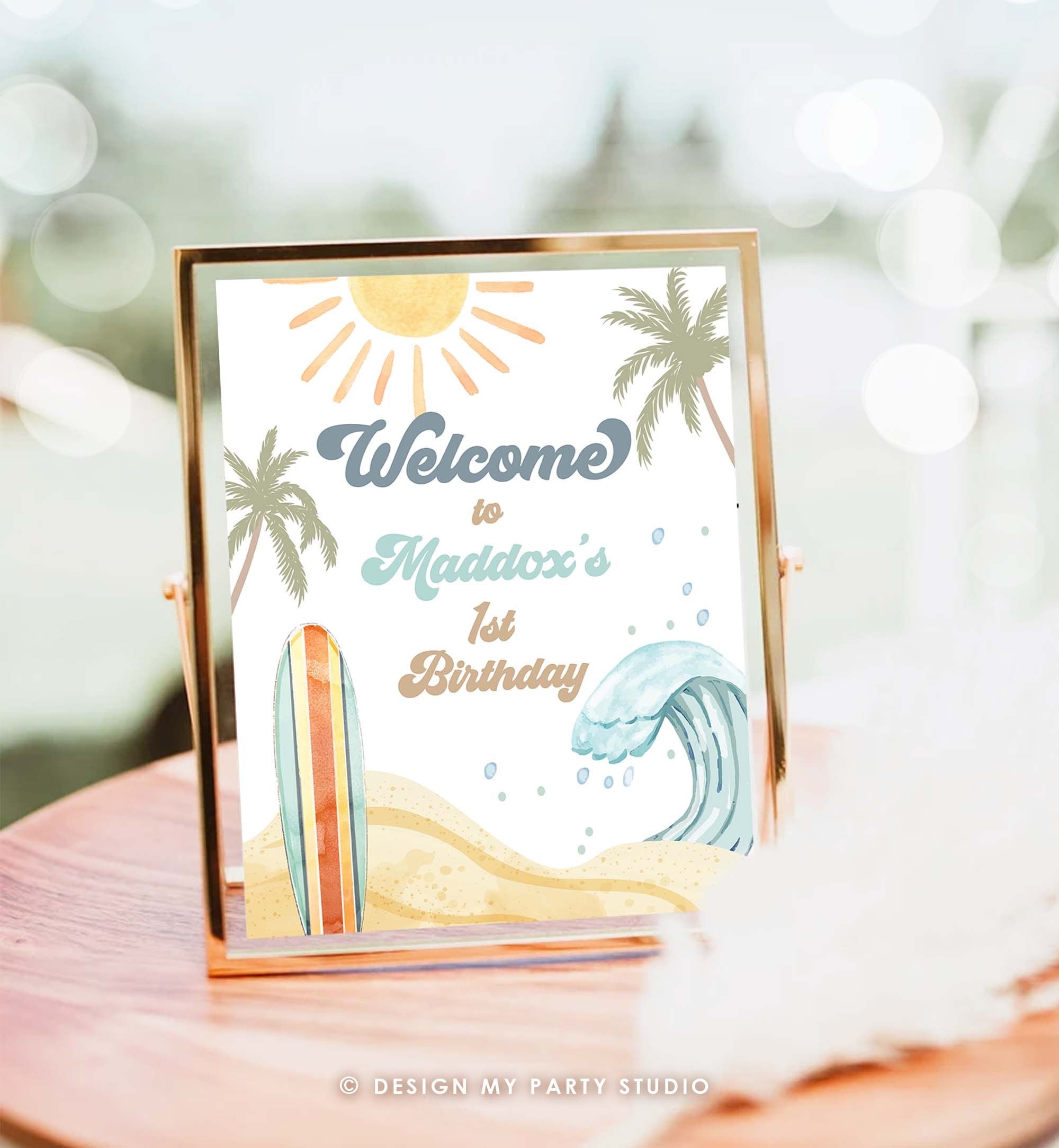 Editable Surf Birthday Welcome Sign Boy The Big One Birthday 1st First Welcome Sign Beach Party Retro Big Wave Template Corjl PRINTABLE 0433