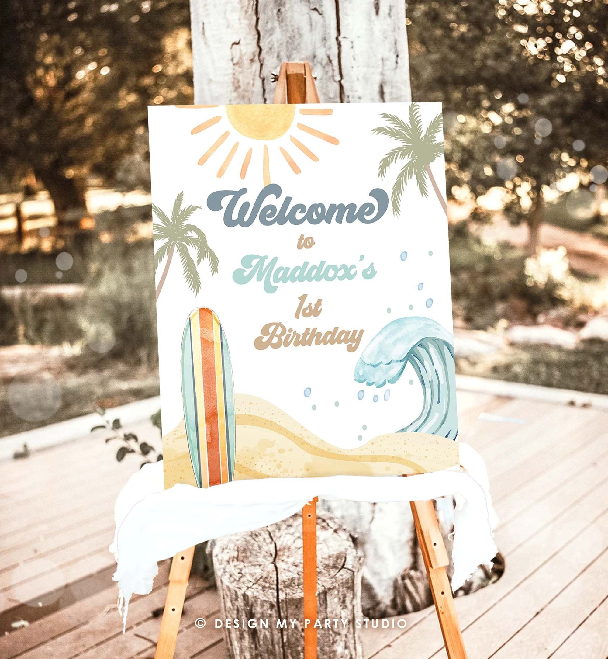 Editable Surf Birthday Welcome Sign Boy The Big One Birthday 1st First Welcome Sign Beach Party Retro Big Wave Template Corjl PRINTABLE 0433