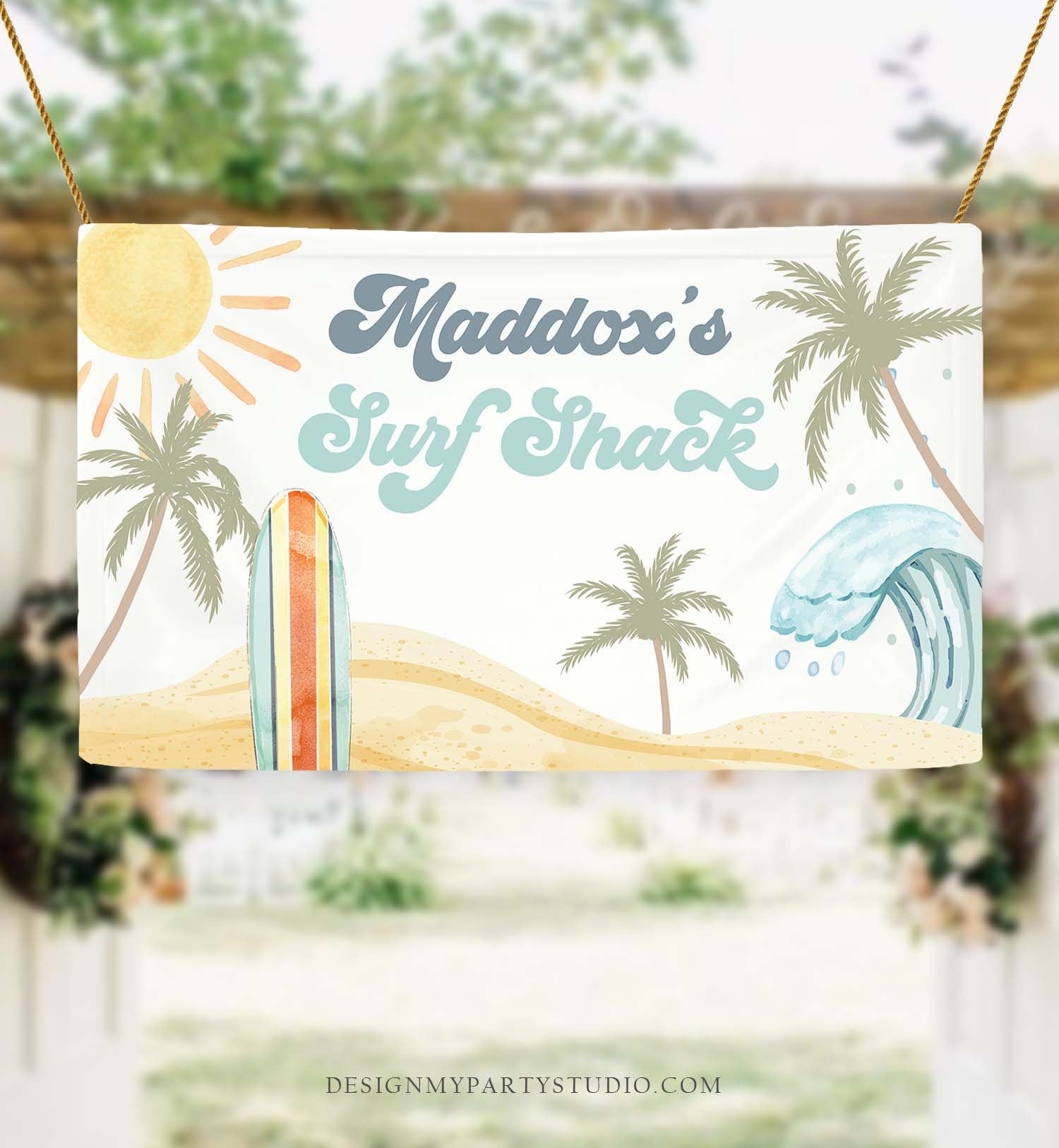 Editable Surf Birthday Backdrop Banner Surfing Birthday Boy First Beach The Big One Surf Shack Download Corjl Template Printable 0433