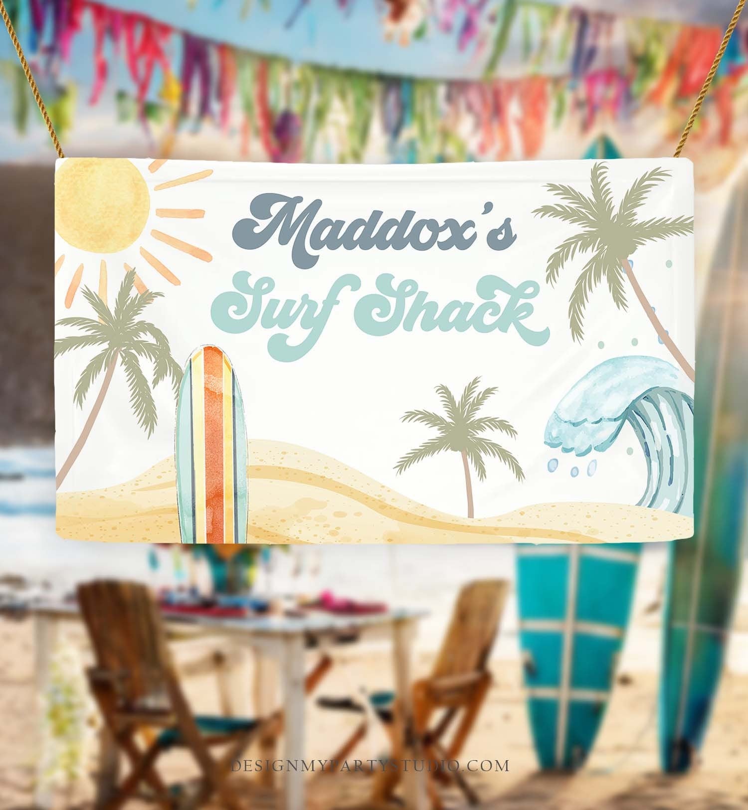 Editable Surf Birthday Backdrop Banner Surfing Birthday Boy First Beach The Big One Surf Shack Download Corjl Template Printable 0433