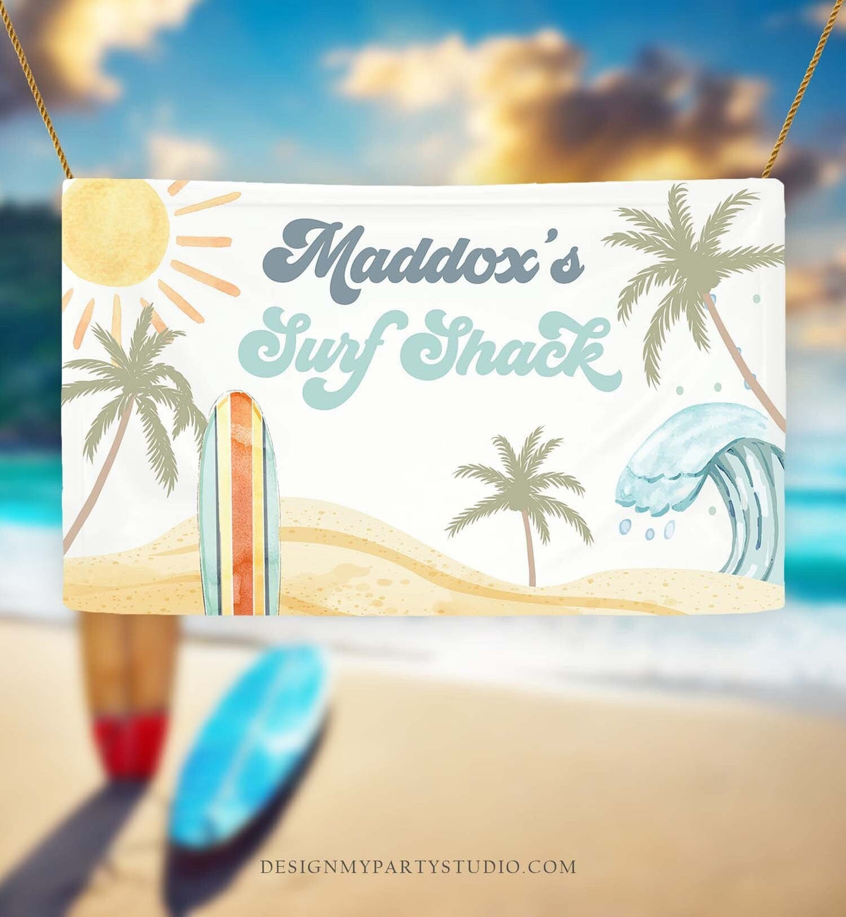 Editable Surf Birthday Backdrop Banner Surfing Birthday Boy First Beach The Big One Surf Shack Download Corjl Template Printable 0433