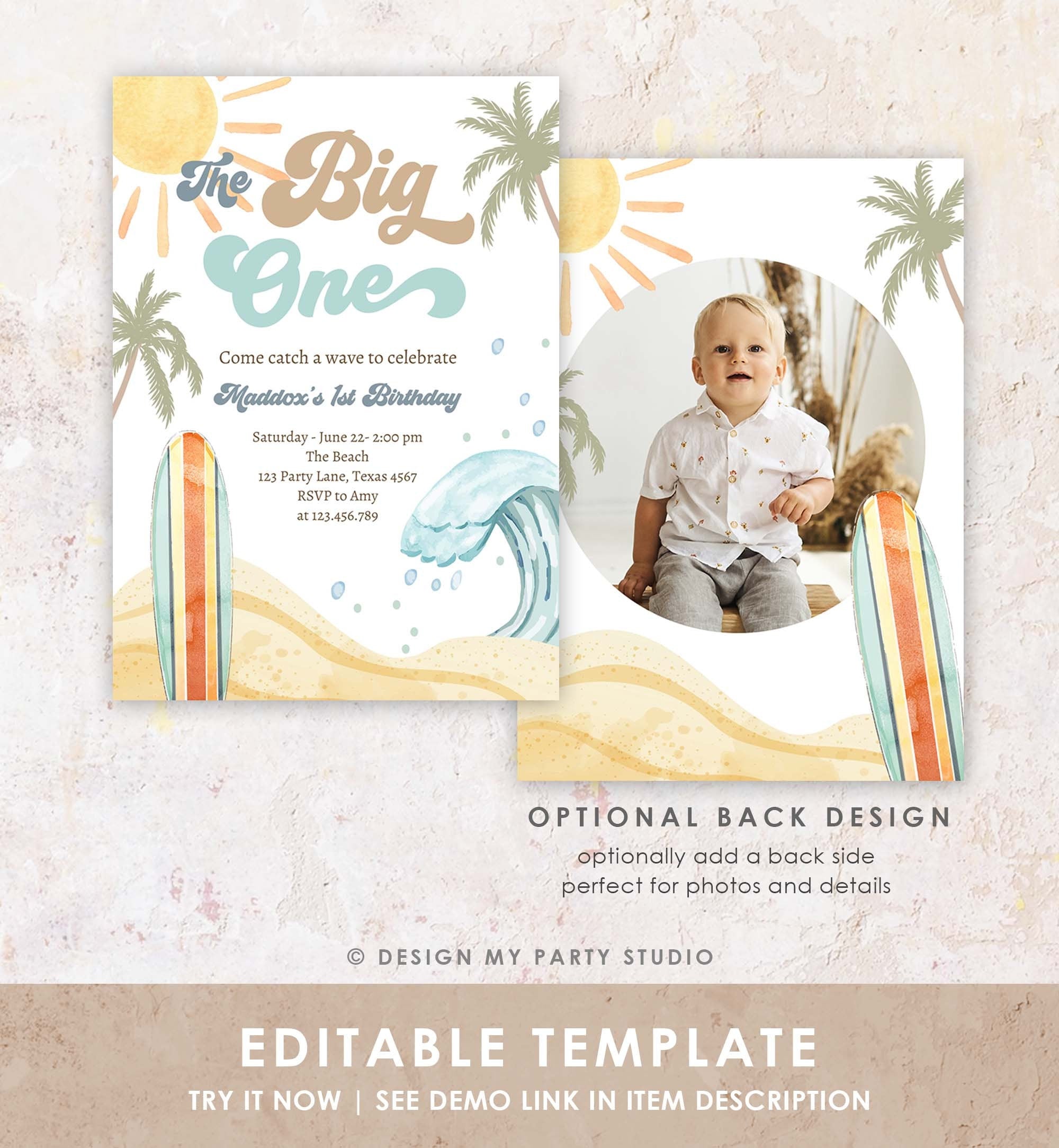 Editable The Big One Surf 1st Birthday Invitation Retro Surfboard Beach Party Wave Surfer Boho Invite Download Template Corjl Digital 0433