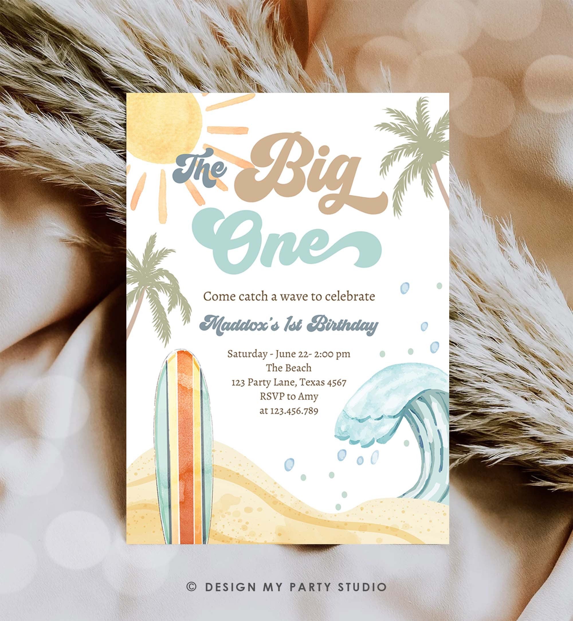 Editable The Big One Surf 1st Birthday Invitation Retro Surfboard Beach Party Wave Surfer Boho Invite Download Template Corjl Digital 0433