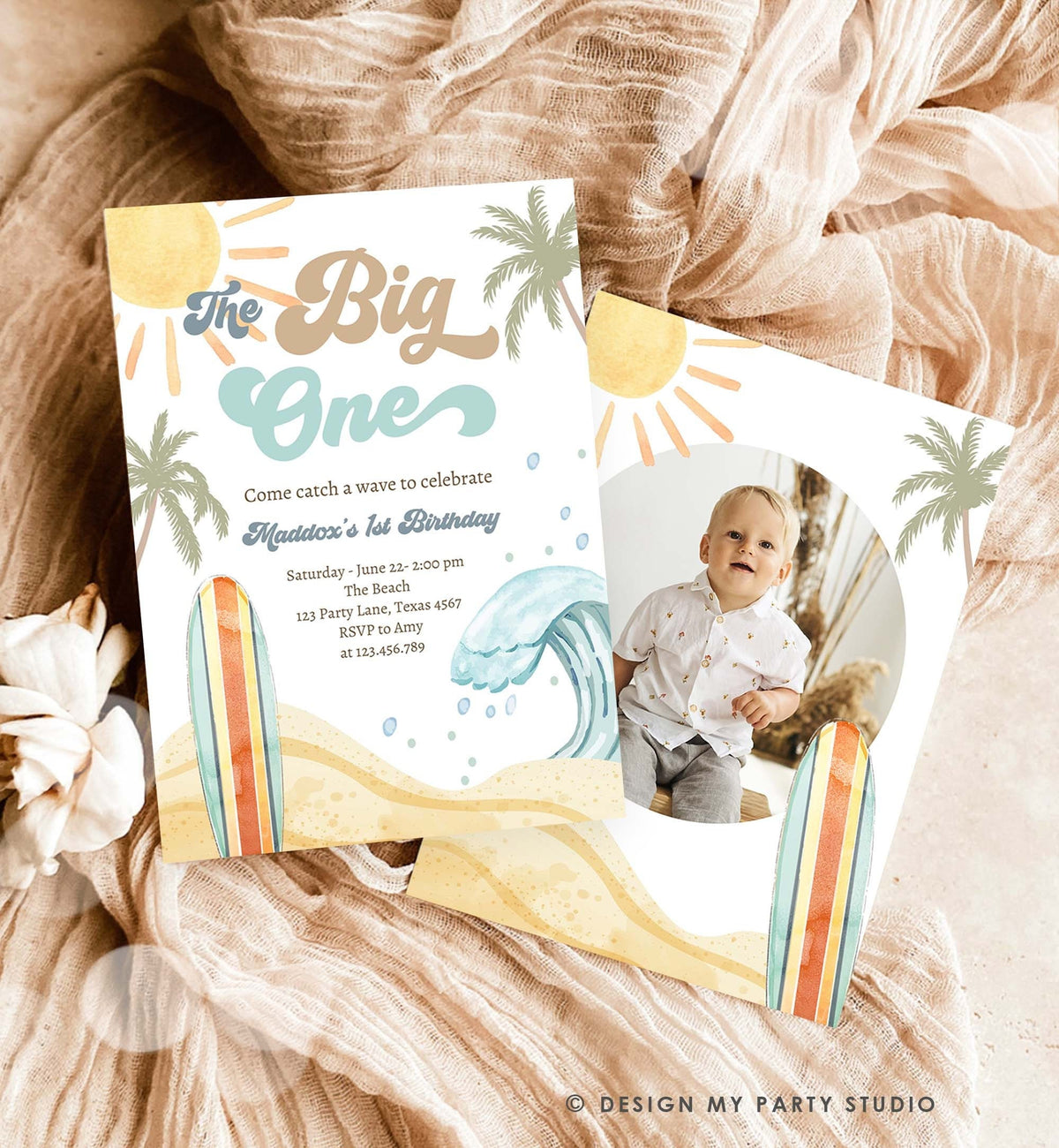 Editable The Big One Surf 1st Birthday Invitation Retro Surfboard Beach Party Wave Surfer Boho Invite Download Template Corjl Digital 0433