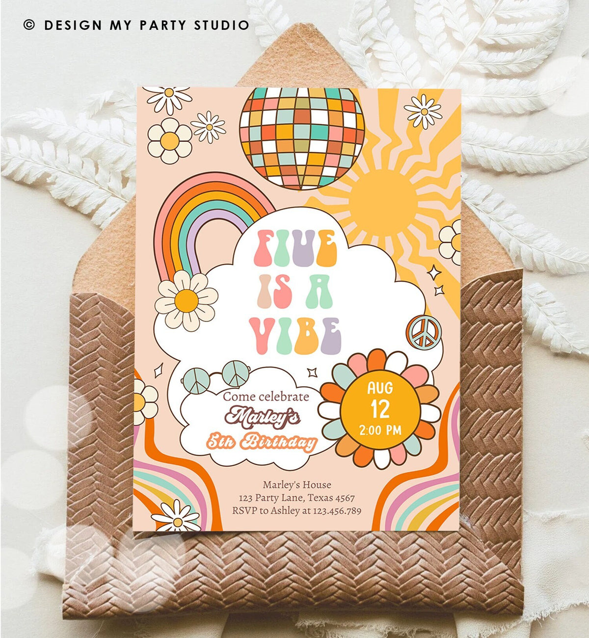 Editable Five Is A Vibe Groovy Birthday Invitation 5th Birthday Retro Invite Rainbow Peace Love Party Download Template Corjl Digital 0459