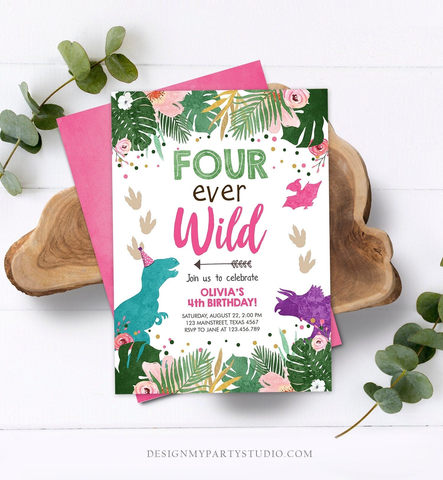 Editable Four Ever Wild Birthday Invitation Dinosaur Dino Party Girl 4th Fourth Birthday Pink Purple Fourever Corjl Template Printable 0388