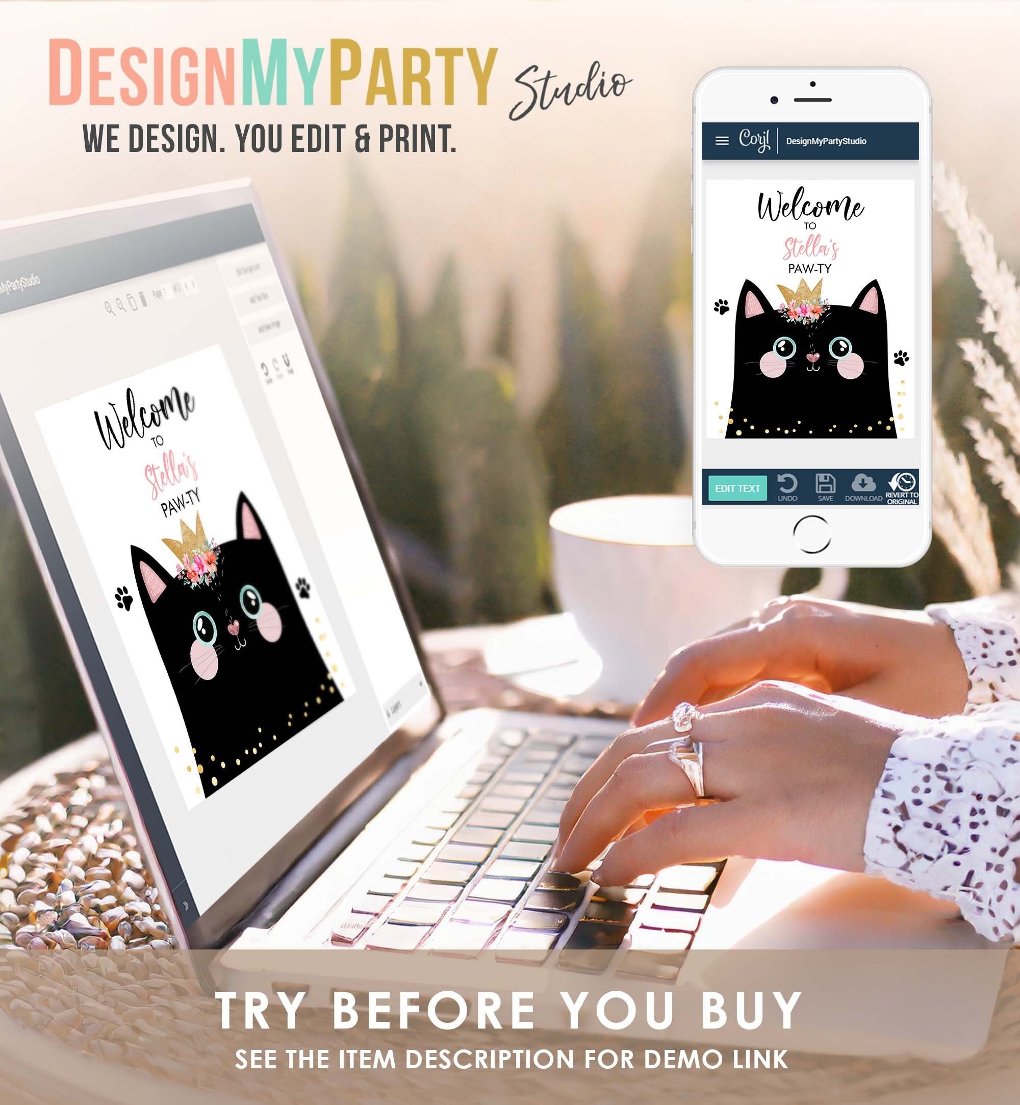 Editable Kitten Birthday Welcome Sign Pawty Sign Cat Birthday Welcome Kitty Animal Kitten Meow Black Cat Girl Template PRINTABLE Corjl 0381