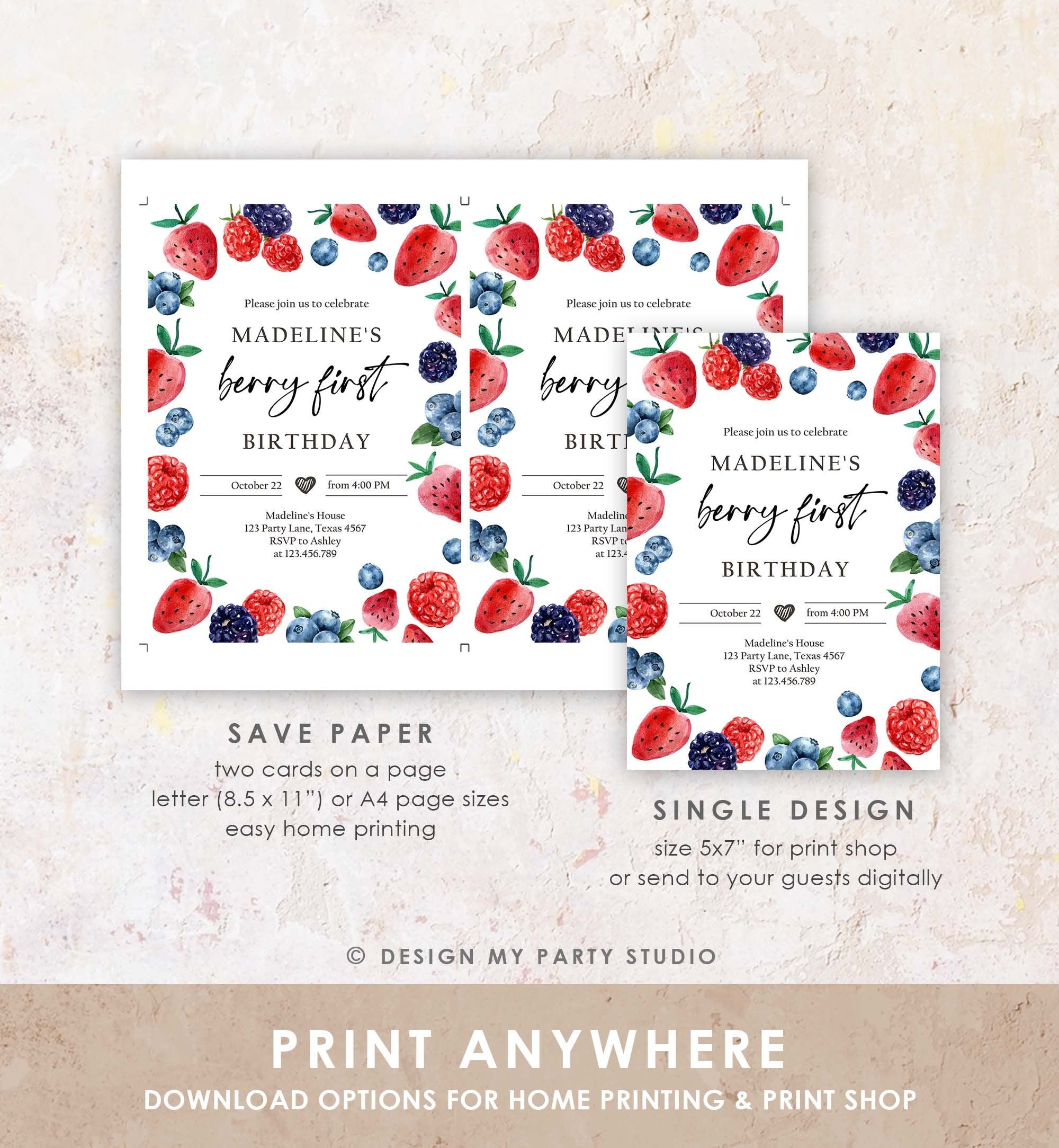 Editable Berry Sweet Birthday Invitation Blueberry Strawberry Raspberry Party Farmers Market Picking Printable Template Corjl Digital 0399